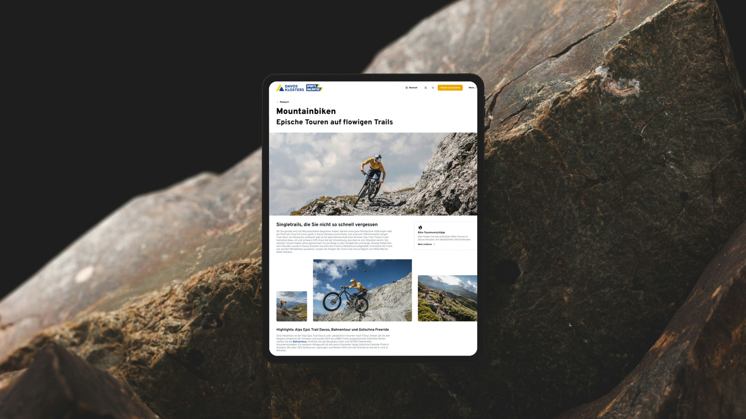Tablet-Ansicht der Davos-Klosters-Seite fürs Mountainbiken mit Toureninfos.