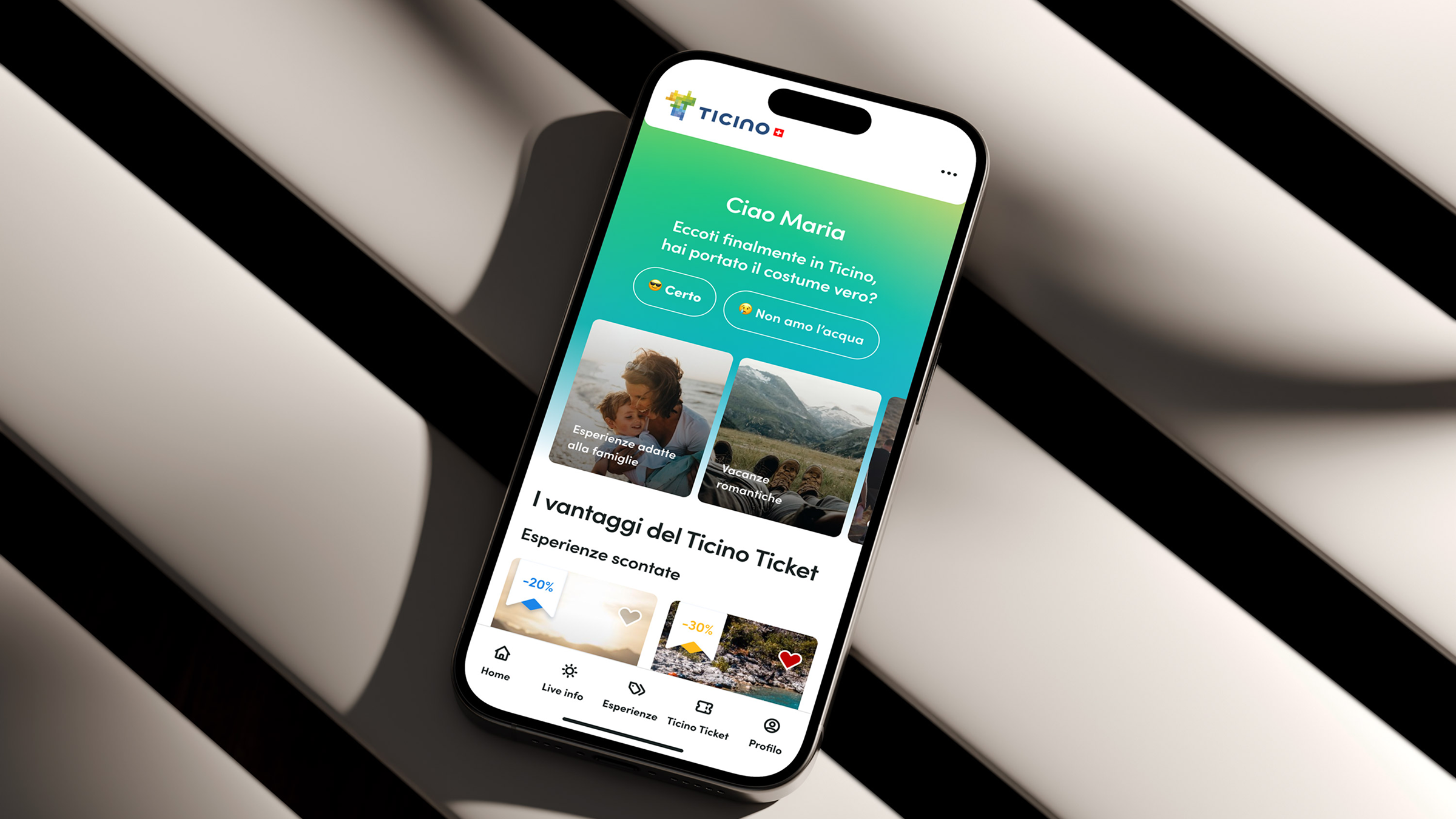Ticino-App-Screen auf einem iPhone mit Willkommens- und Erlebnisvorschlägen.