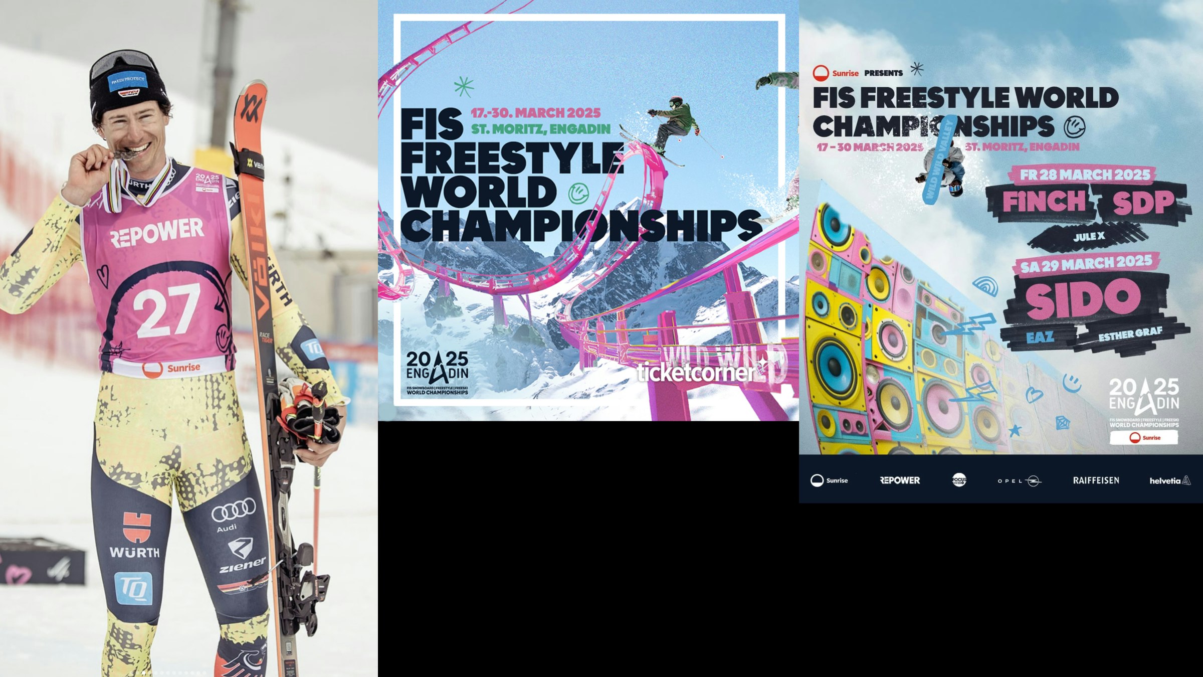 Key Visuals der FIS Freestyle World Championships 2025 in St. Moritz mit Athleten und farbenfrohen Eventplakaten.