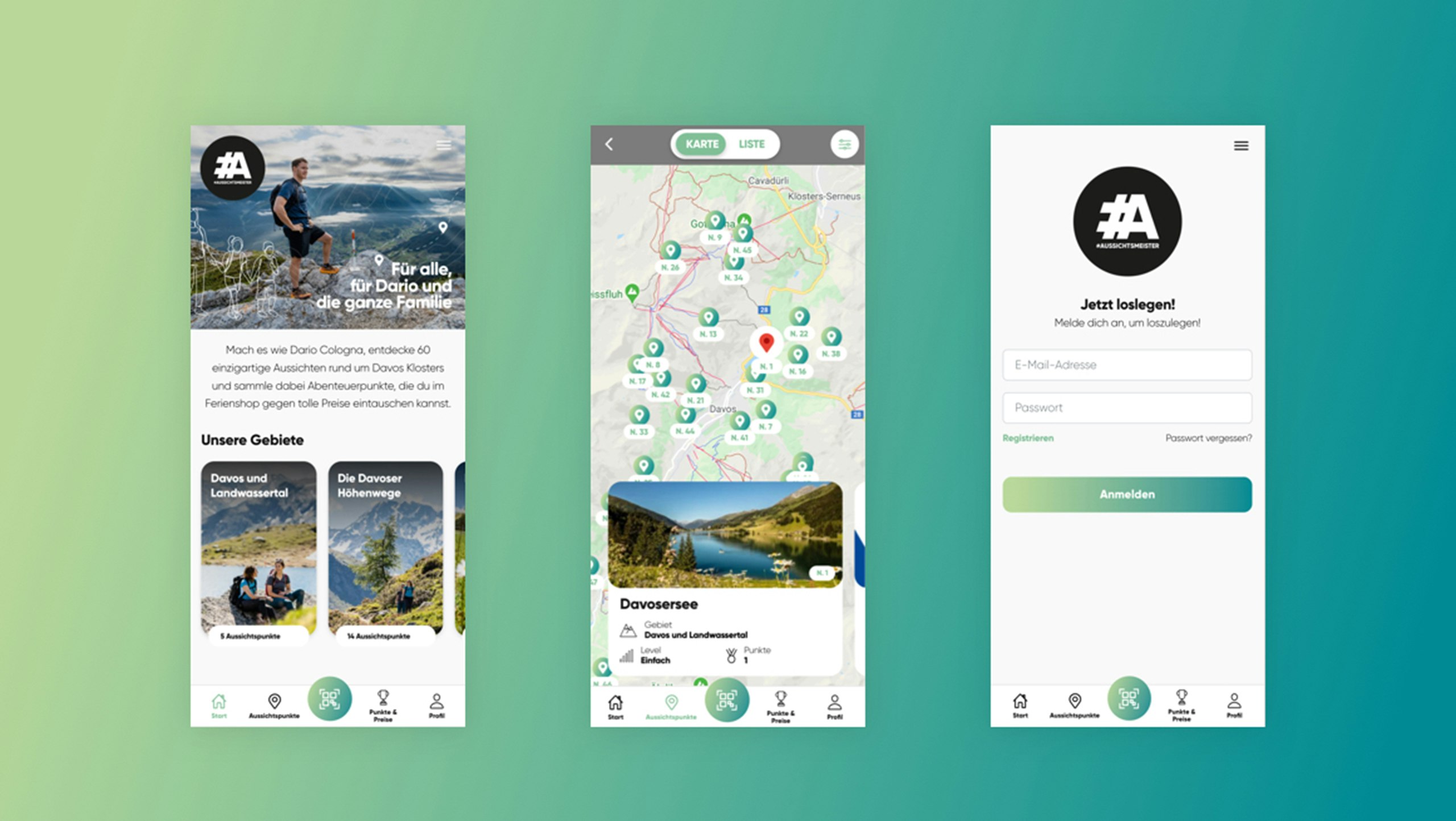Drei App-Ansichten mit Karte und Login für Aussichtsmeister.