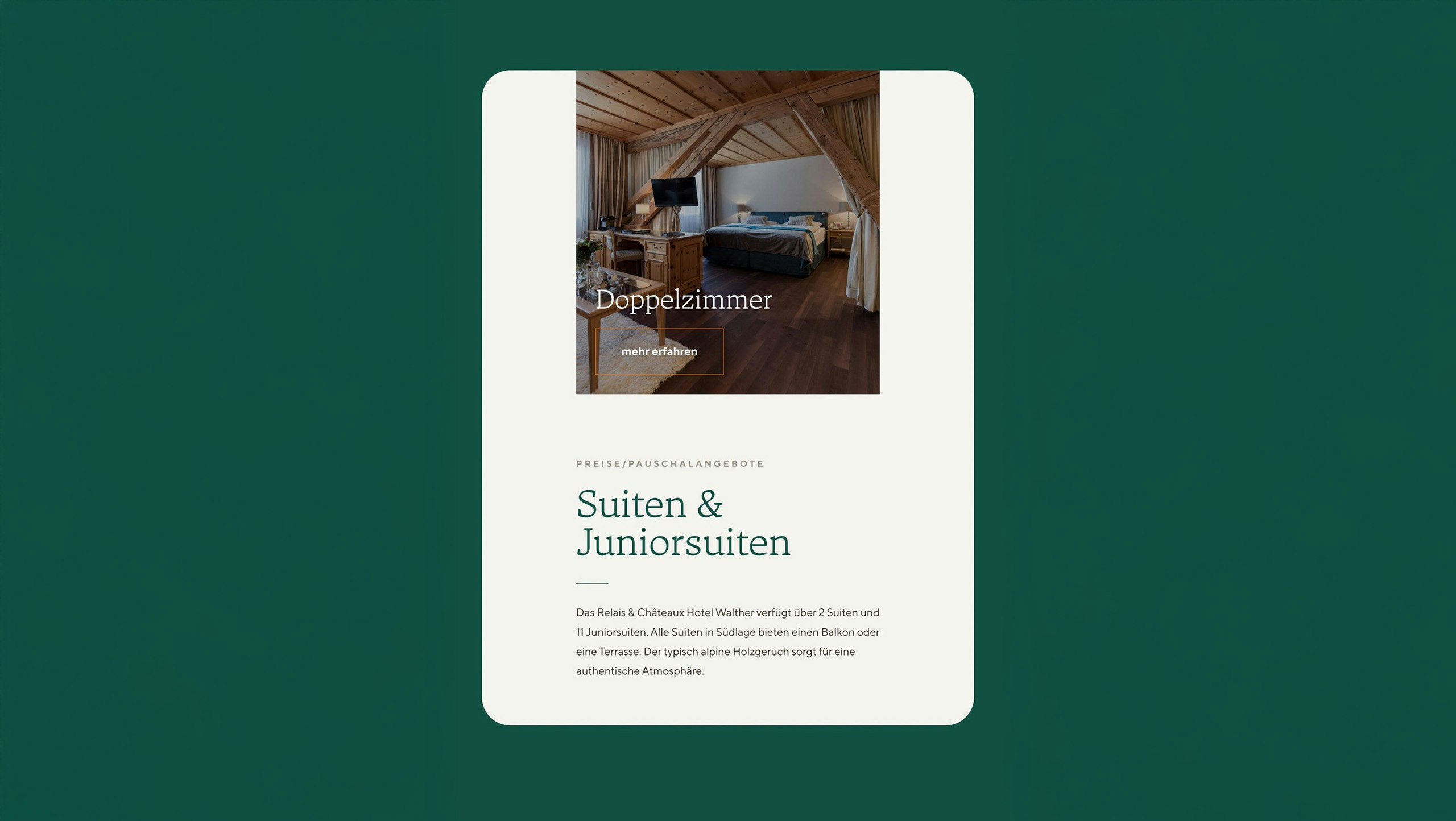 Hotel website showing a double room and description of suites and junior suites in alpine style.