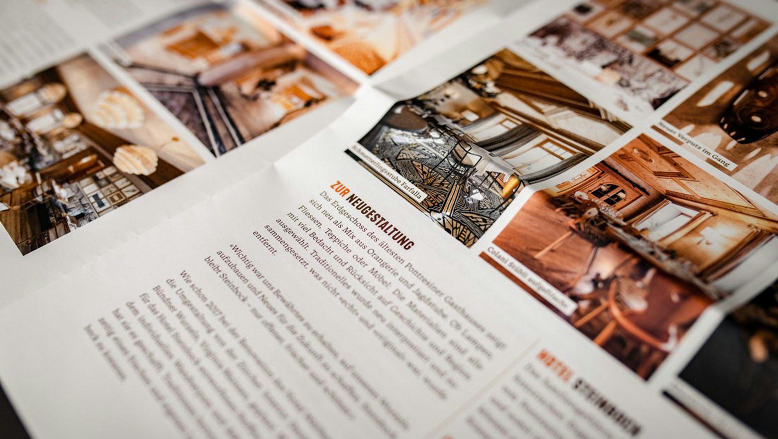 Aufgeschlagenes Magazin "Giazetta" mit Text und Fotos über Pontresina