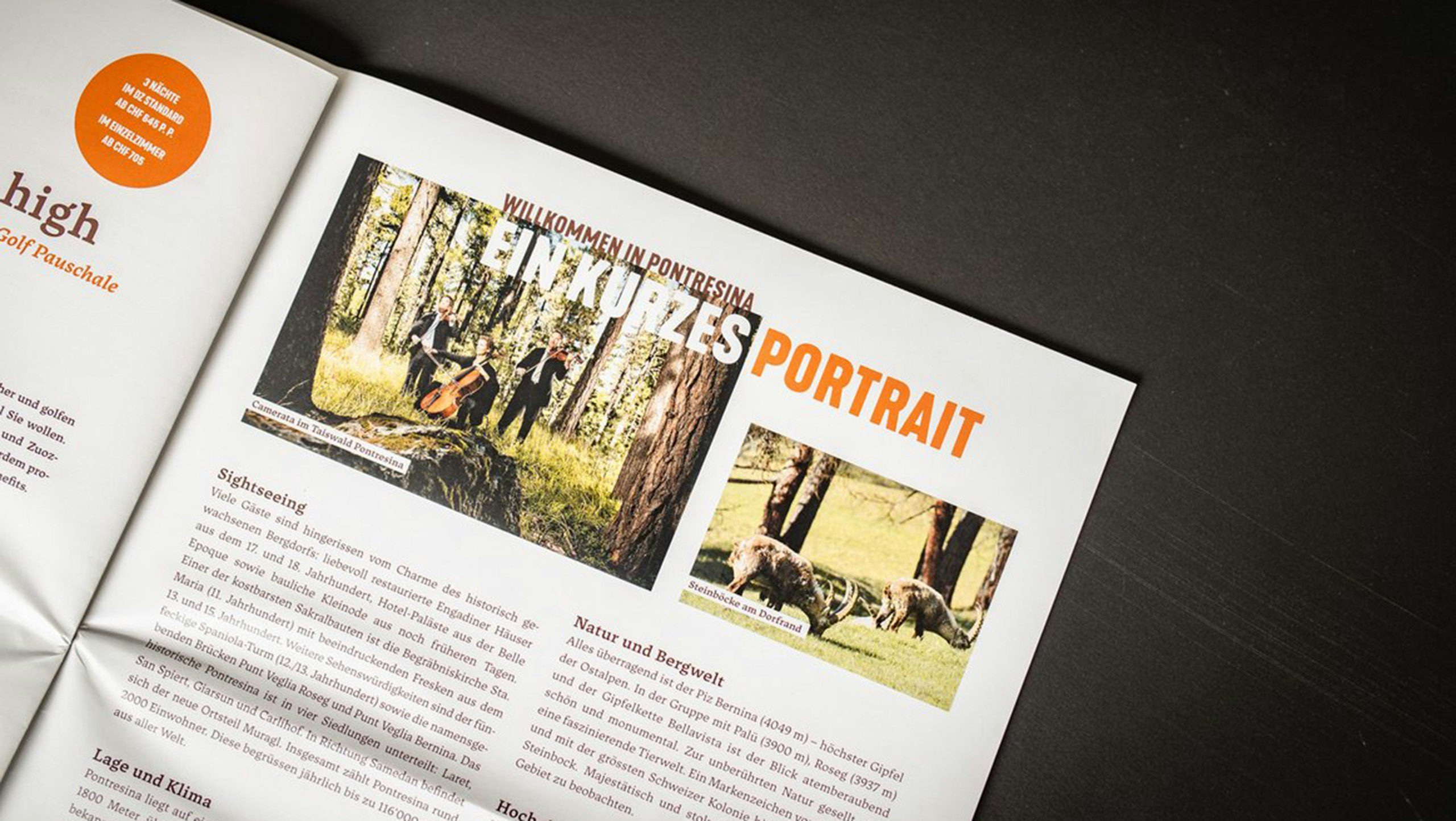 Aufgeschlagenes Magazin "Giazetta" mit Text und Fotos über Pontresina.