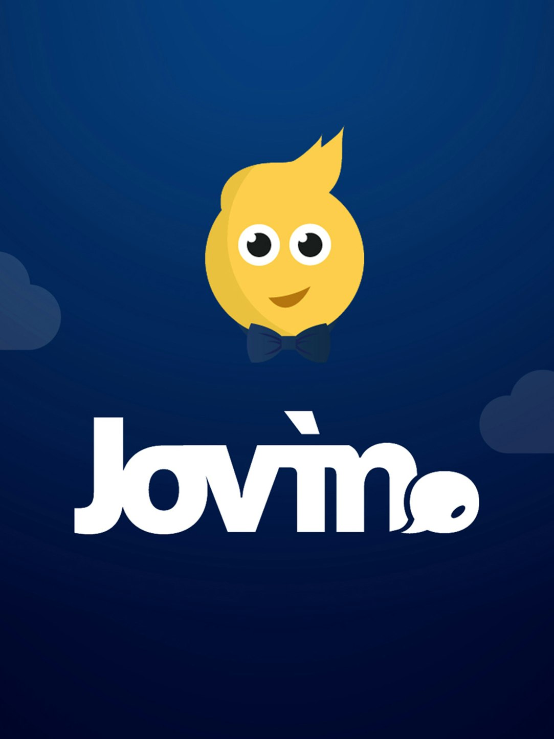 Gelbes Jovin-Maskottchen mit Logo vor blauen Himmel.