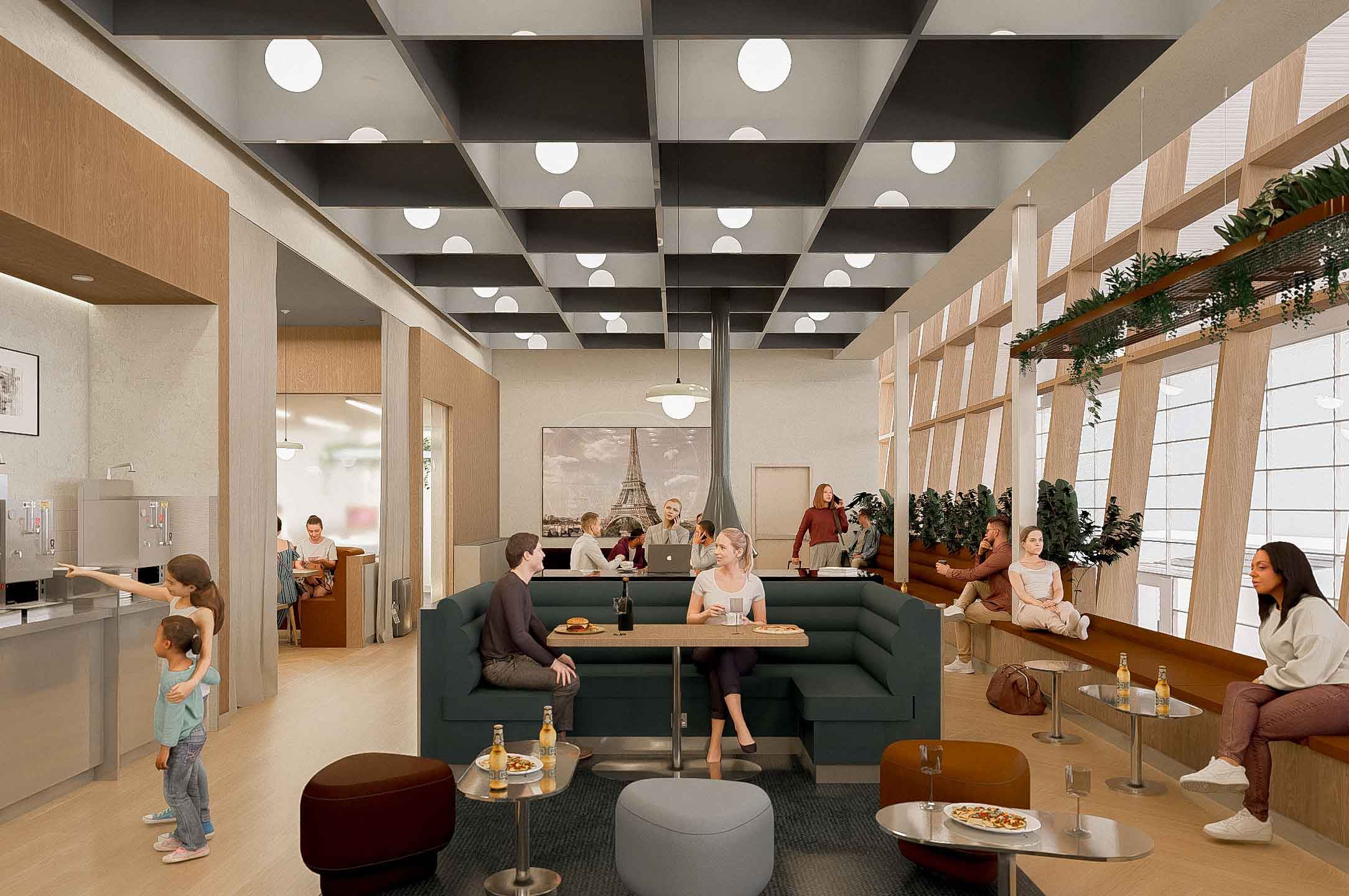 Café moderne où des clients sont assis à des tables, une famille se trouve près d'un coin boissons, et de grandes baies vitrées laissent entrer la lumière naturelle. Le plafond présente un motif en grille, et des plantes vertes ornent le rebord des fenêtres. Des plats et des boissons sont disposés sur les tables.