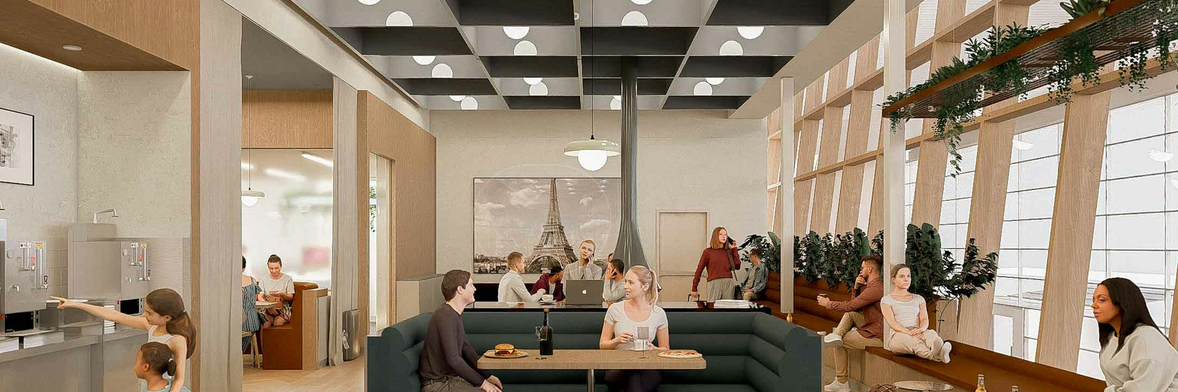 Café moderne où des clients sont assis à des tables, une famille se trouve près d'un coin boissons, et de grandes baies vitrées laissent entrer la lumière naturelle. Le plafond présente un motif en grille, et des plantes vertes ornent le rebord des fenêtres. Des plats et des boissons sont disposés sur les tables.