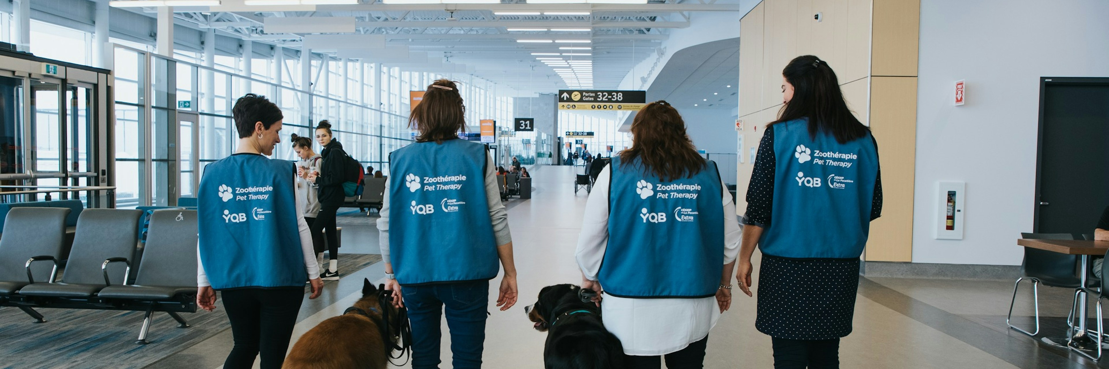 Quatre personnes vêtues de gilets bleus traversent le hall d'un aéroport en compagnie de deux chiens. Le groupe s'éloigne de la caméra en direction des panneaux indiquant les portes d'embarquement. L'endroit est baigné de lumière naturelle et pratiquement désert.