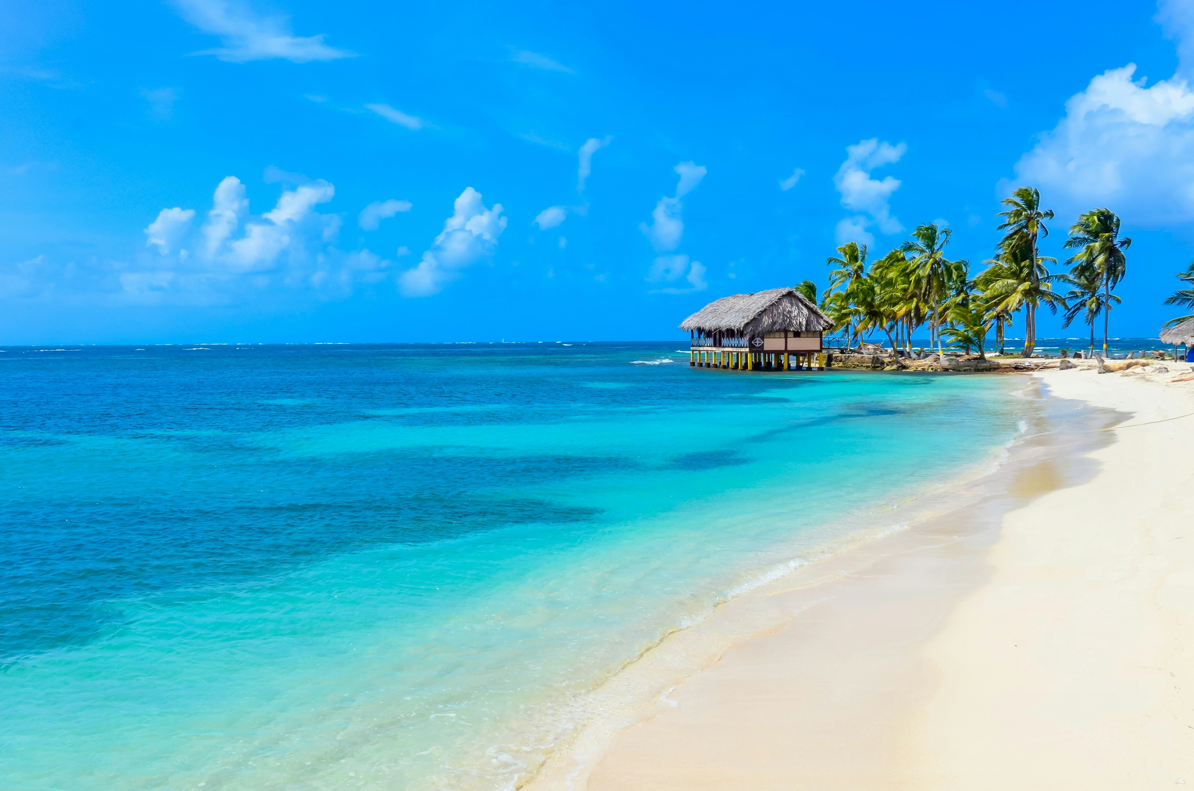 Une plage tropicale immaculée aux eaux turquoise, au sable blanc et fin, bordée de grands palmiers, avec une cabane au toit de chaume sur pilotis au-dessus de l'océan, sous un ciel bleu éclatant parsemé de nuages.