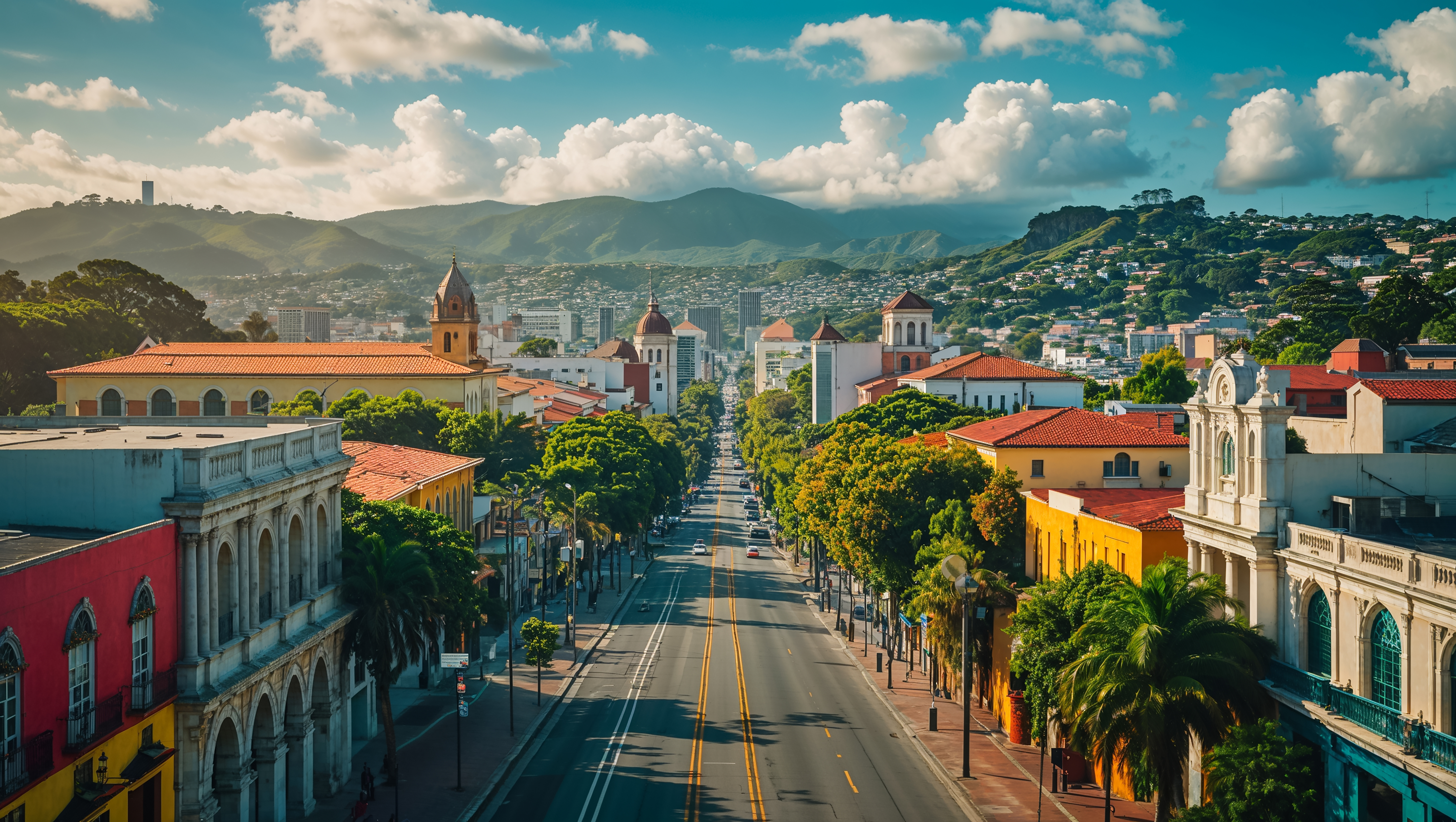 A wide street lined with colorful colonial buildings, palm trees, and distant mountains under a vibrant sky with scattered clouds.