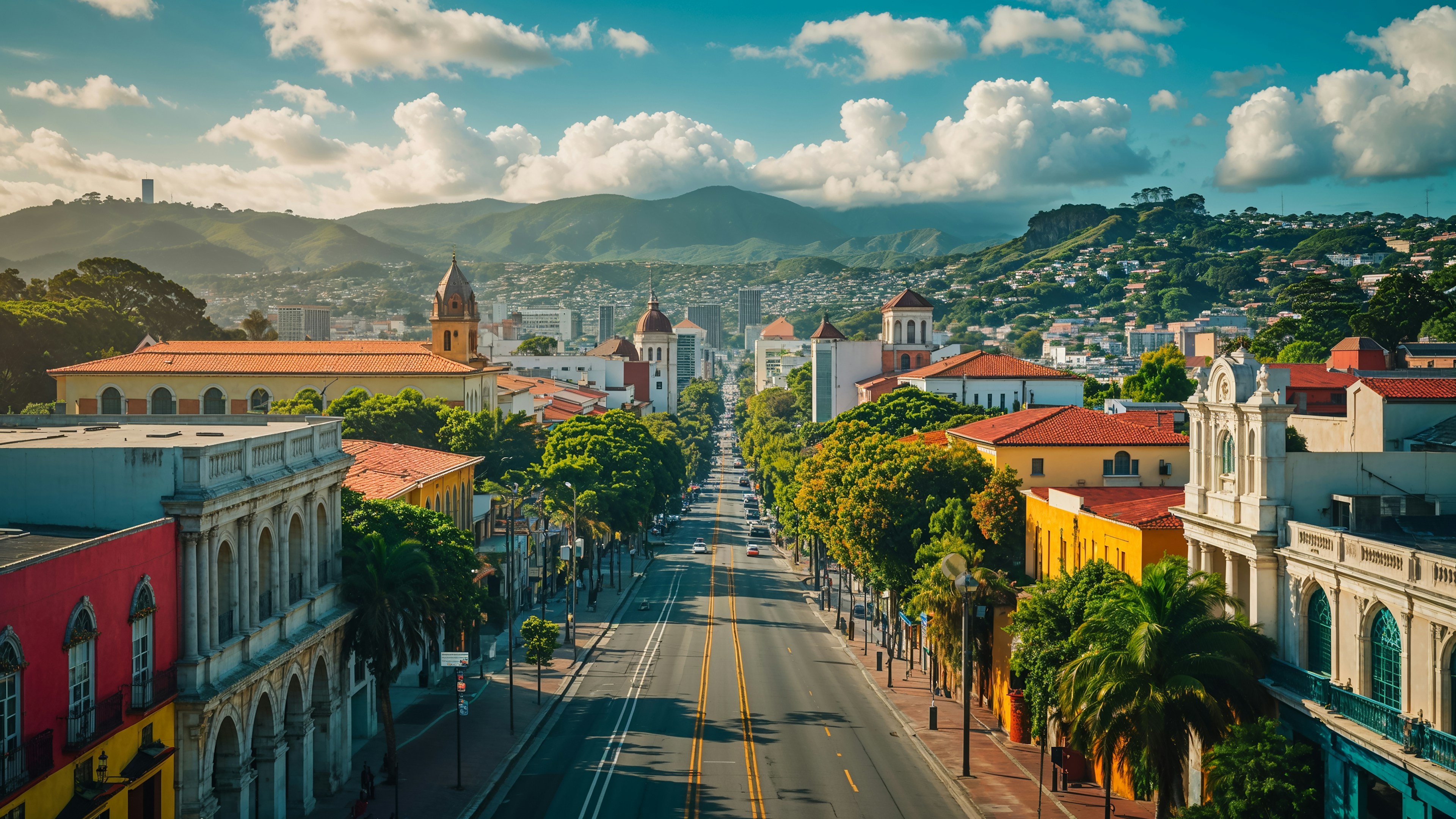 A wide street lined with colorful colonial buildings, palm trees, and distant mountains under a vibrant sky with scattered clouds.