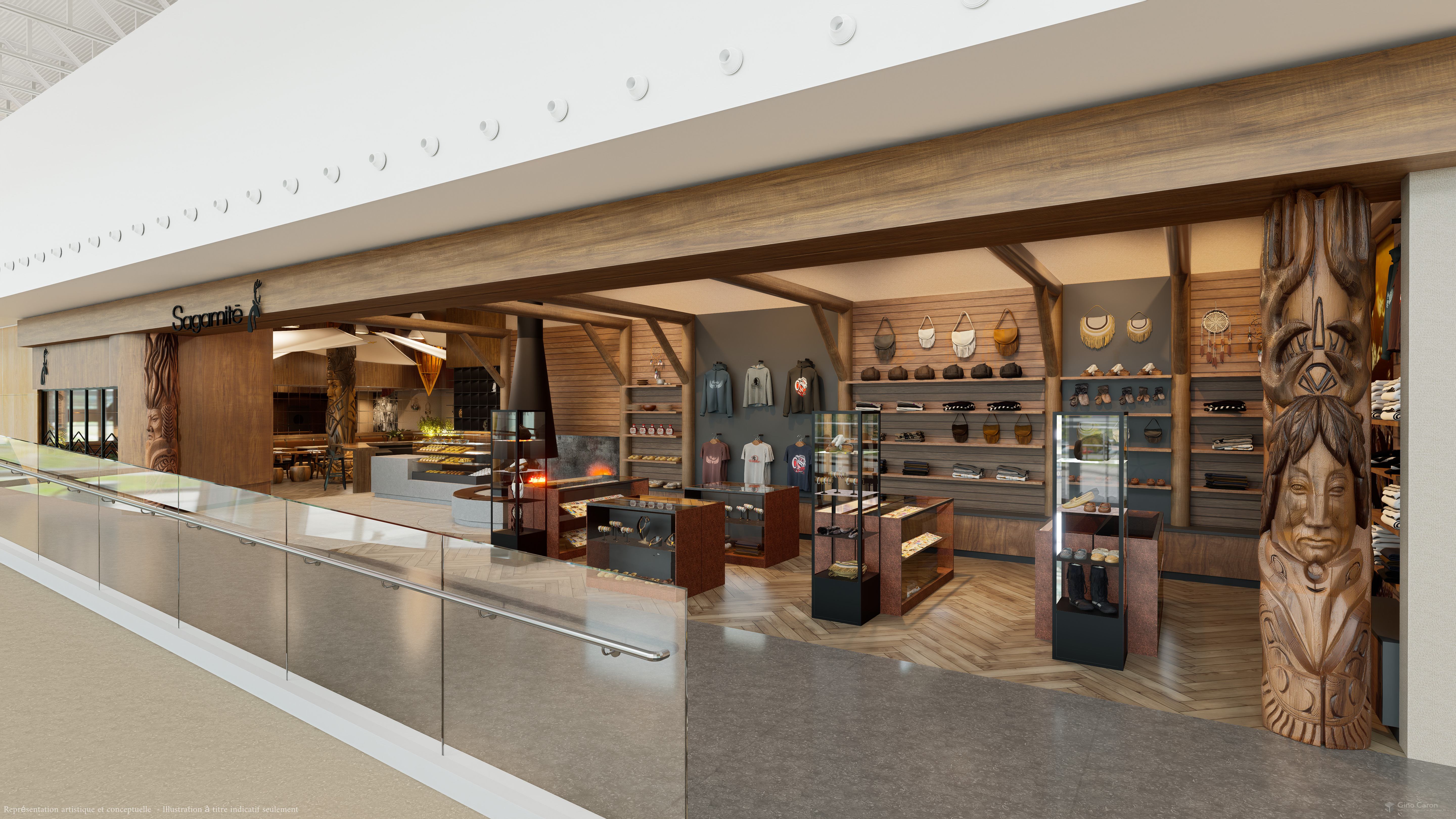 Maquette du futur restaurant boutique Sagamité à l'Aéroport international Jean-Lesage de Québec. Vue sur la marchandise du côté boutique, dont un totem et le foyer. Plusieurs présentoirs de marchandise dont des sacs, saccoches et bijoux.