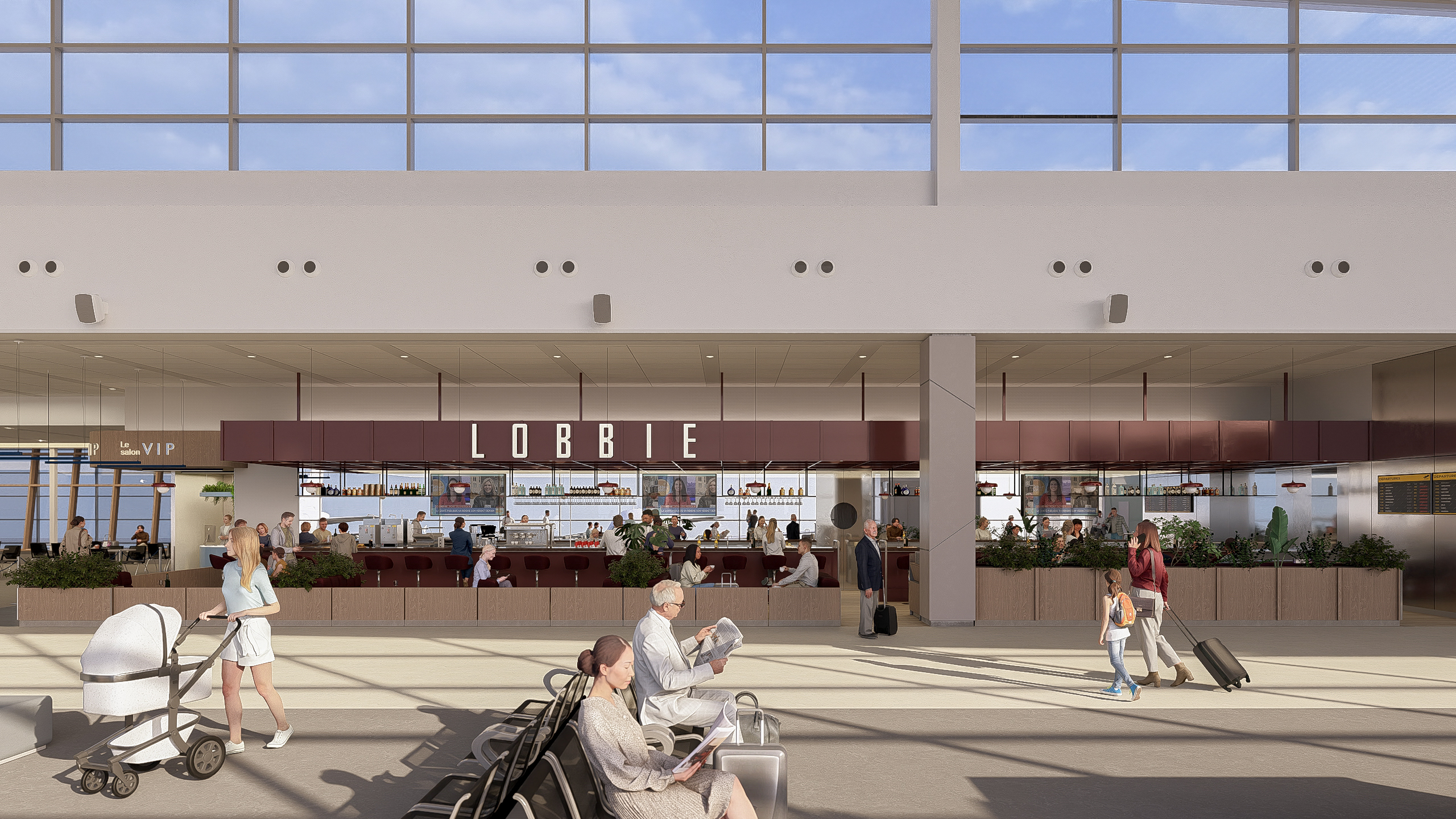 Des personnes avec des bagages sont assises ou marchent dans le hall d'un aéroport. À l'arrière-plan, on aperçoit un restaurant appelé LOBBIE, où des clients prennent leur repas à l'intérieur, sous de grandes baies vitrées laissant entrer la lumière naturelle.
