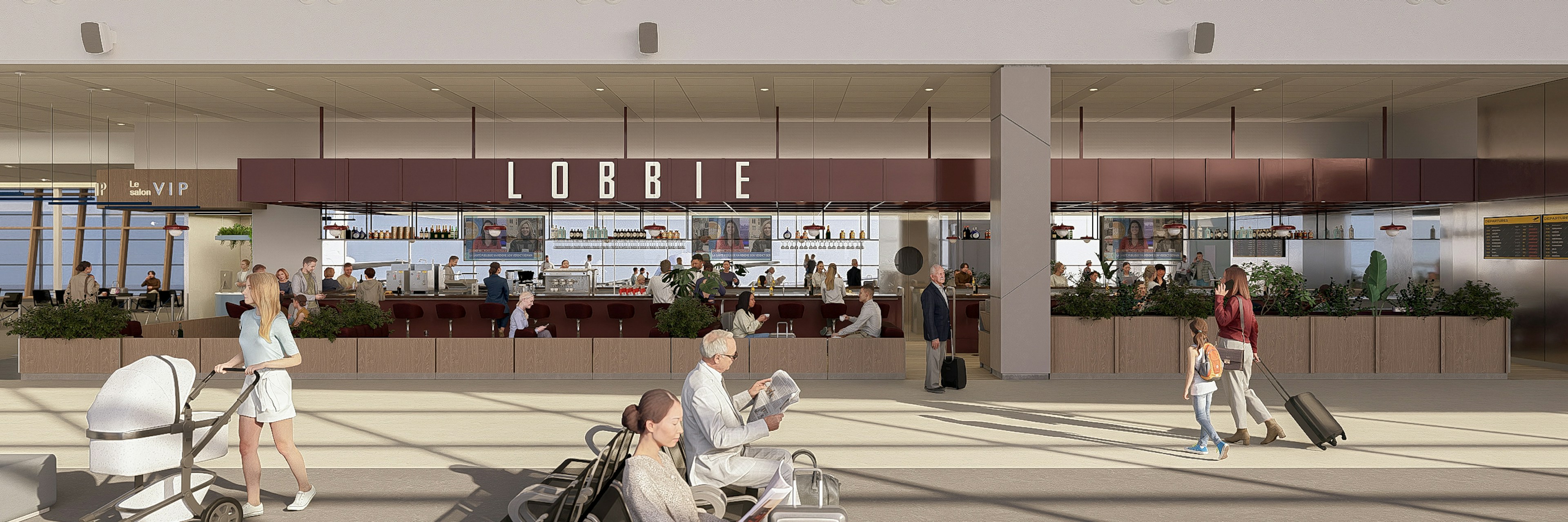 Des personnes avec des bagages sont assises ou marchent dans le hall d'un aéroport. À l'arrière-plan, on aperçoit un restaurant appelé LOBBIE, où des clients prennent leur repas à l'intérieur, sous de grandes baies vitrées laissant entrer la lumière naturelle.