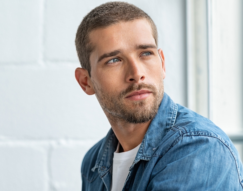 man wearing a denim button up shirt