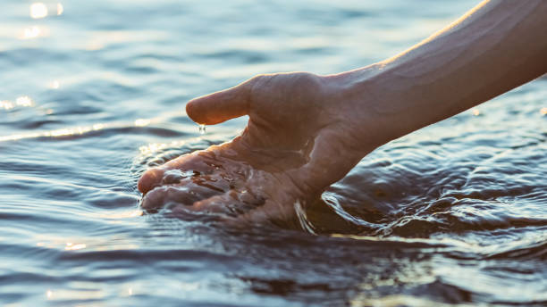 Eine menschliche Hand gleitet durch klares Wasser und erzeugt kleine Wellen im Licht der Sonne.