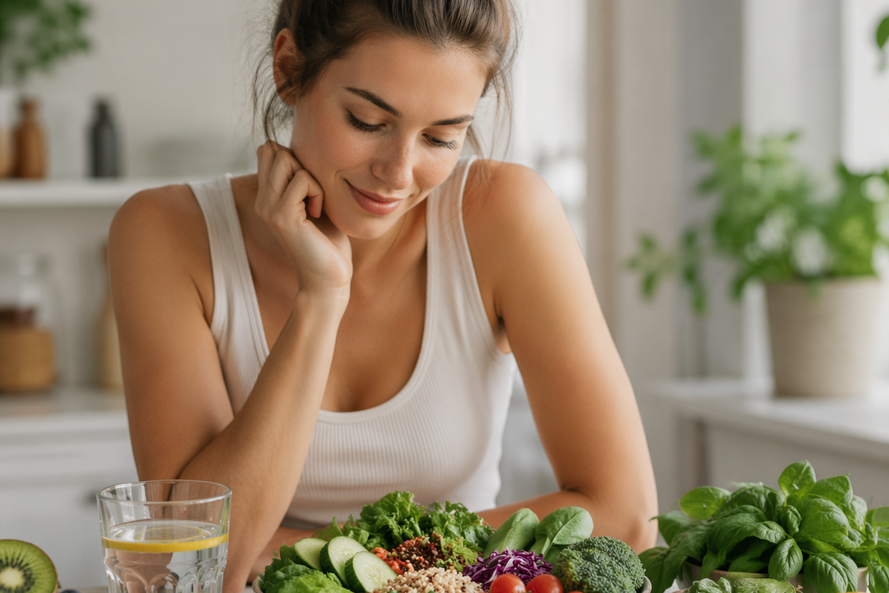 Frau mit Essen Mikrobiom
