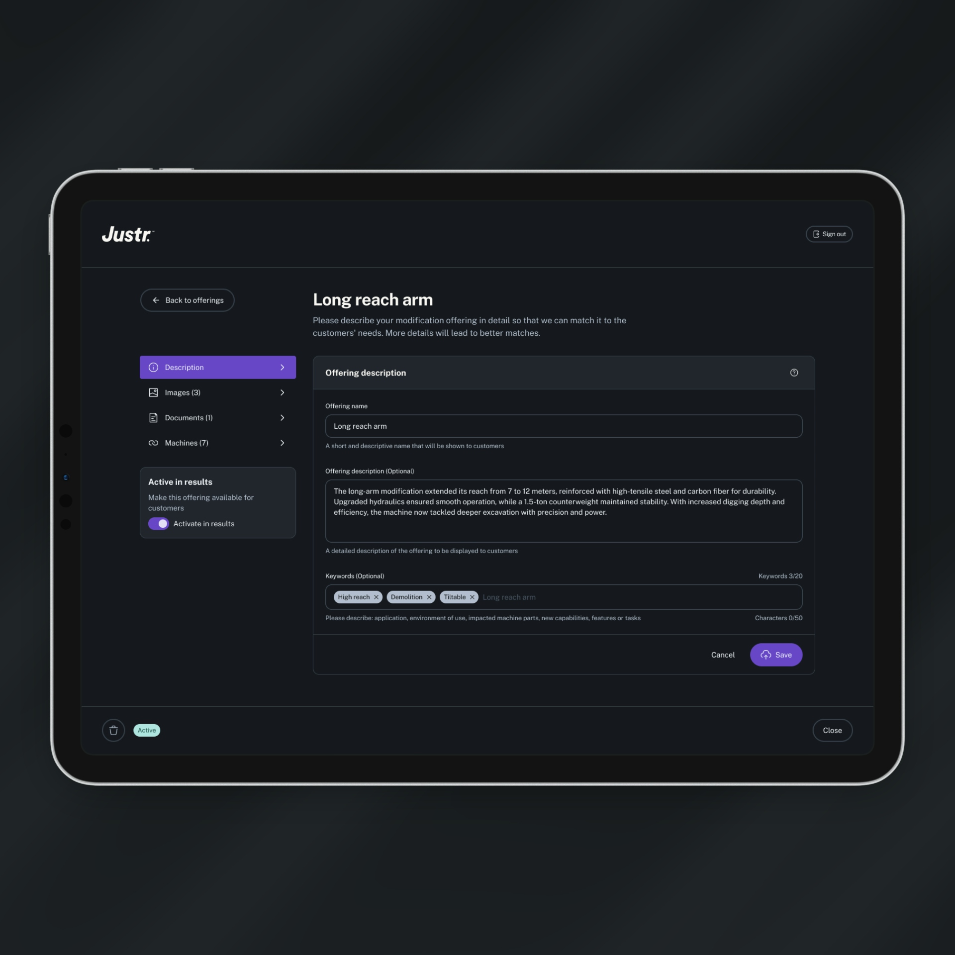 A screenshot of the page for editing an offering.