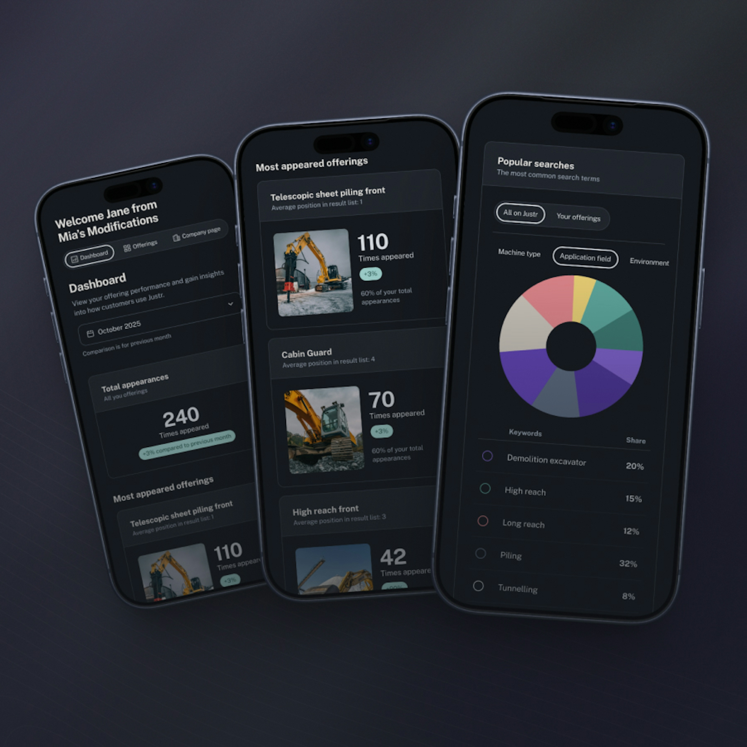 Three phones showing the Justr dashboard