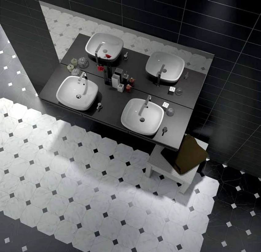 Gres ottagonale effetto marmo statuario con tozzetto nero