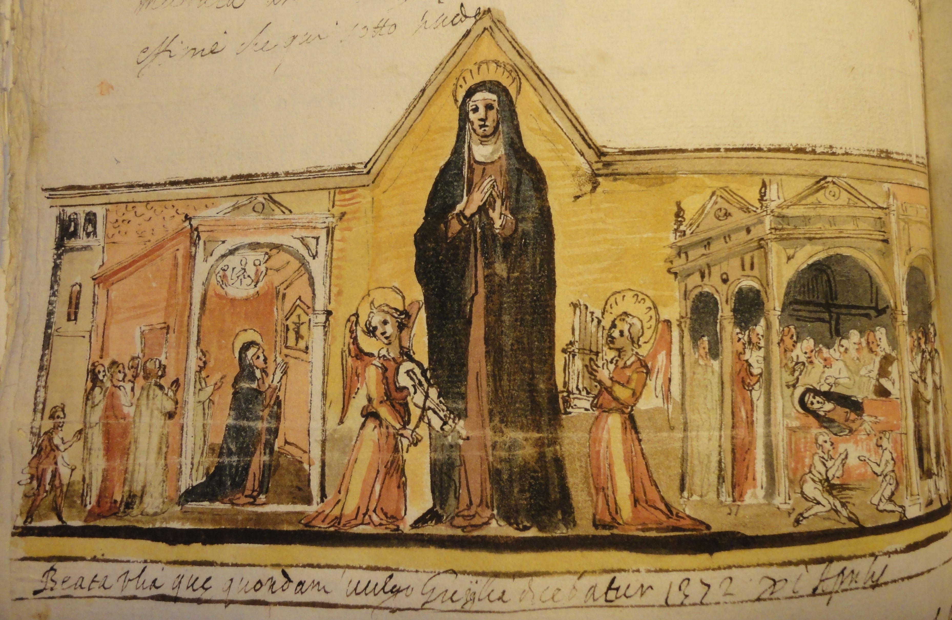 Miniatura raffigurante la beata Giuia da Certaldo fra due angeli, il trapasso della beata, i funerali della beata. Archivio di Stato di Firenze, Fondo Corporazioni religiose soppresse dal governo francese, 122.90, c. 361V