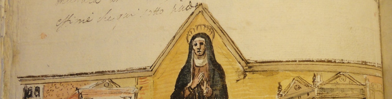 Miniatura raffigurante la beata Giuia da Certaldo fra due angeli, il trapasso della beata, i funerali della beata. Archivio di Stato di Firenze, Fondo Corporazioni religiose soppresse dal governo francese, 122.90, c. 361V