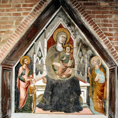 Memmo di Filippuccio, Madonna con Bambino in trono tra San Giacomo, San Pietro e una donatrice, secondo decennio del Trecento, Certaldo, Chiesa dei Santi Iacopo e Filippo