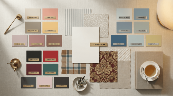 Moodboard flatlay showing Cloud Dancer, Shifting Sand, Stretch Limo