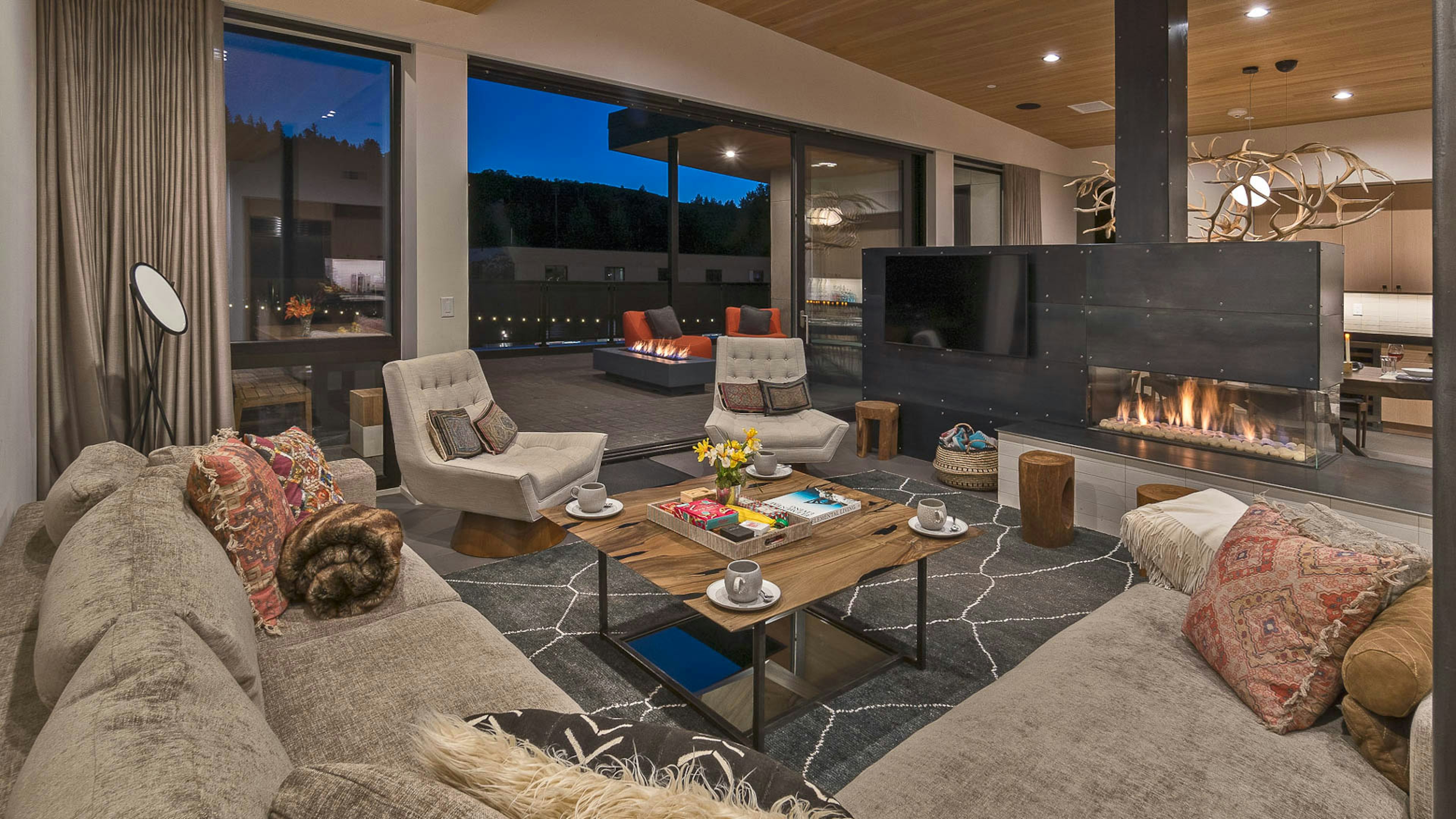Great room with TV and fireplace
