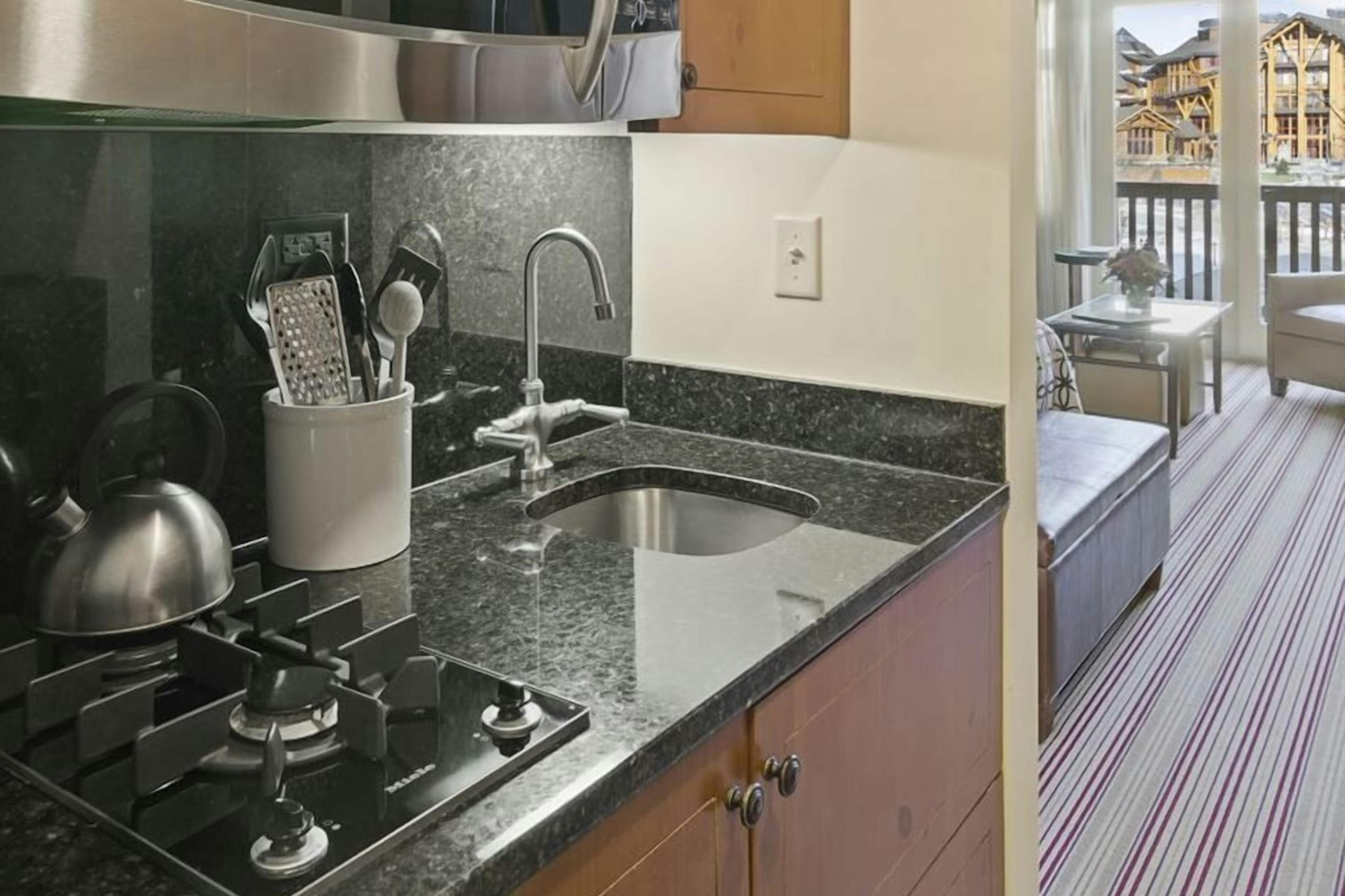Each kitchenette is equipped with a stove-top, microwave, dishwasher and refrigerator for your convenience