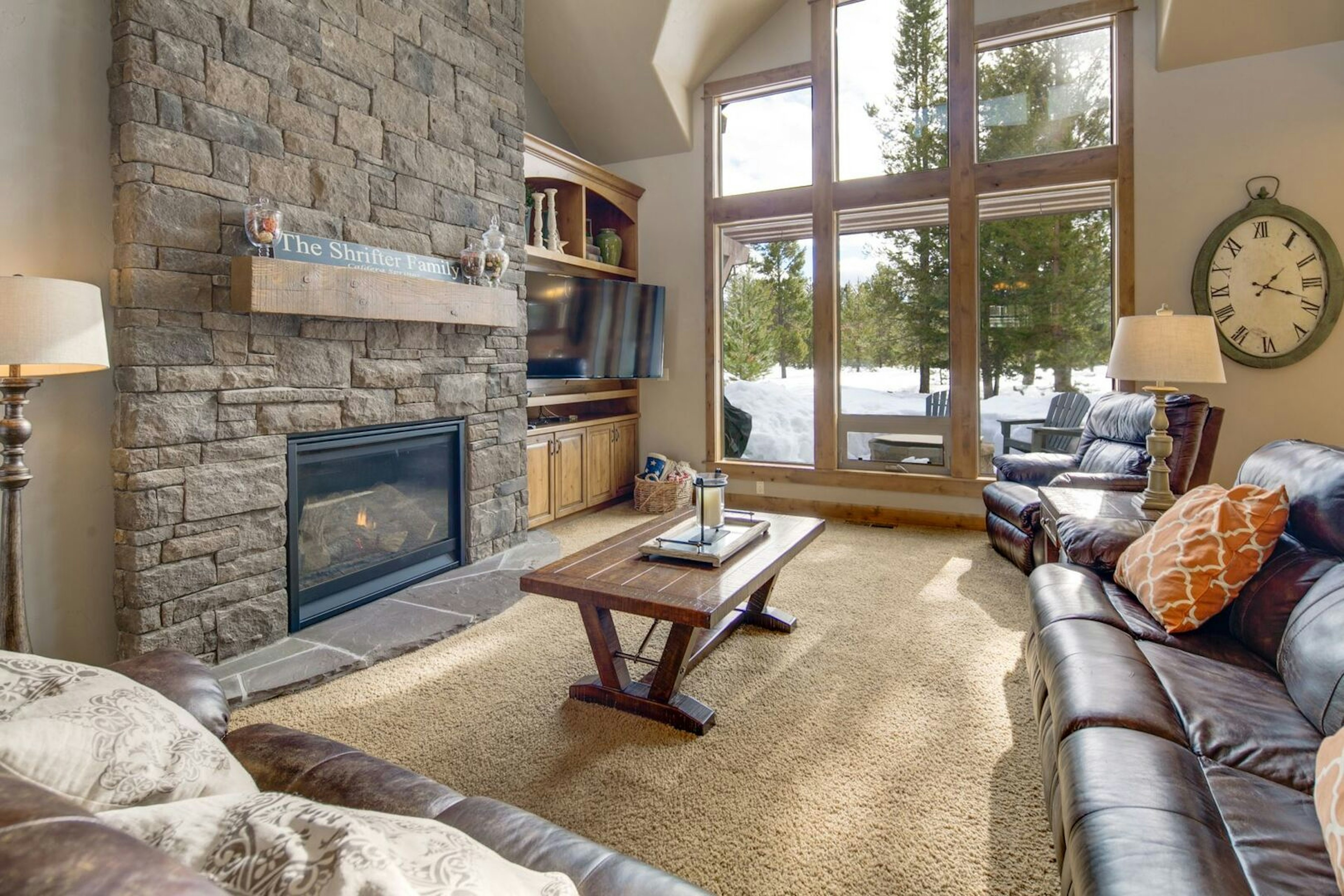 A beautiful stone set gas fireplace