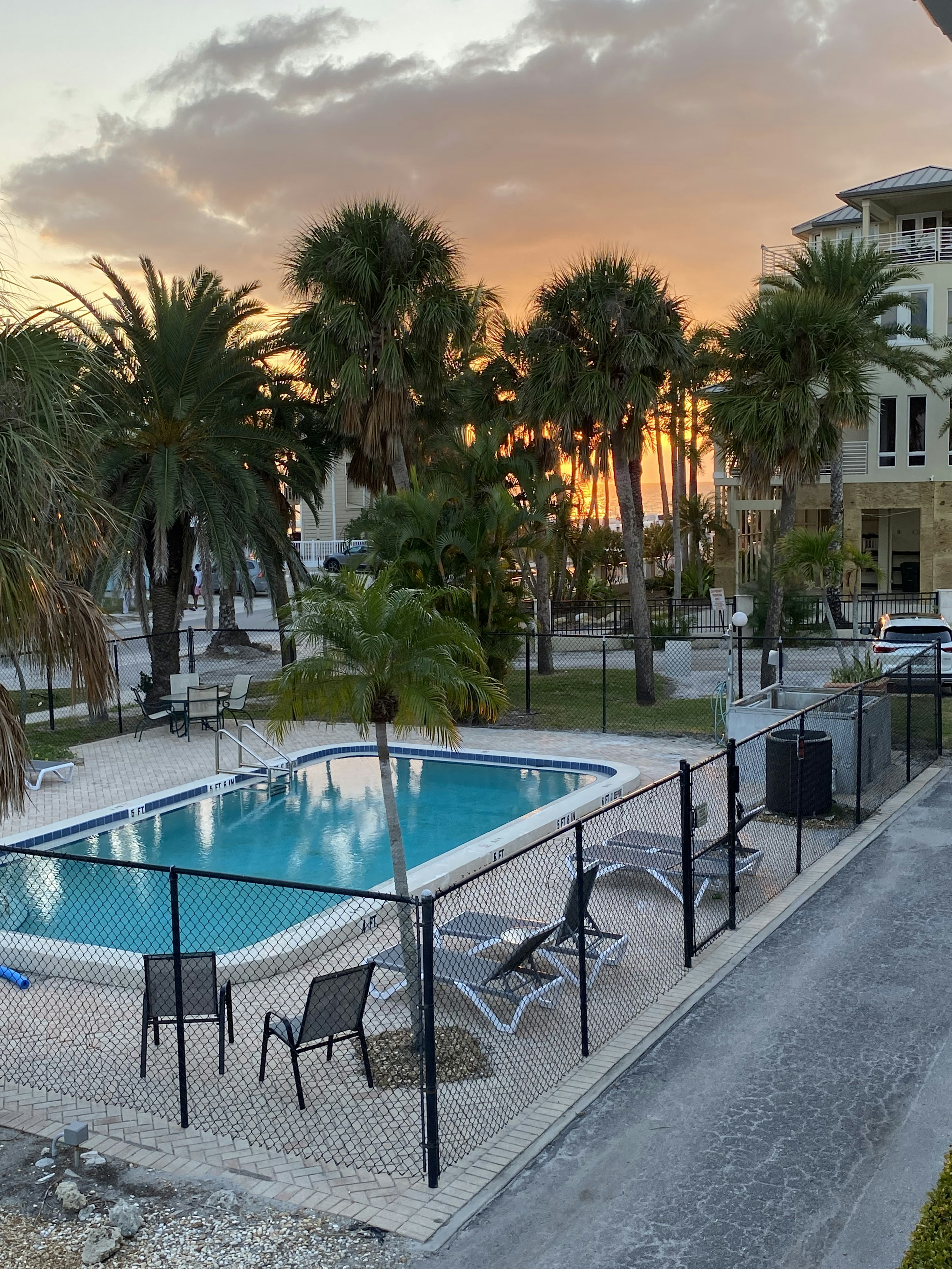Swimming pool area with palm trees and lounge chairs against a dramatic sunset sky.