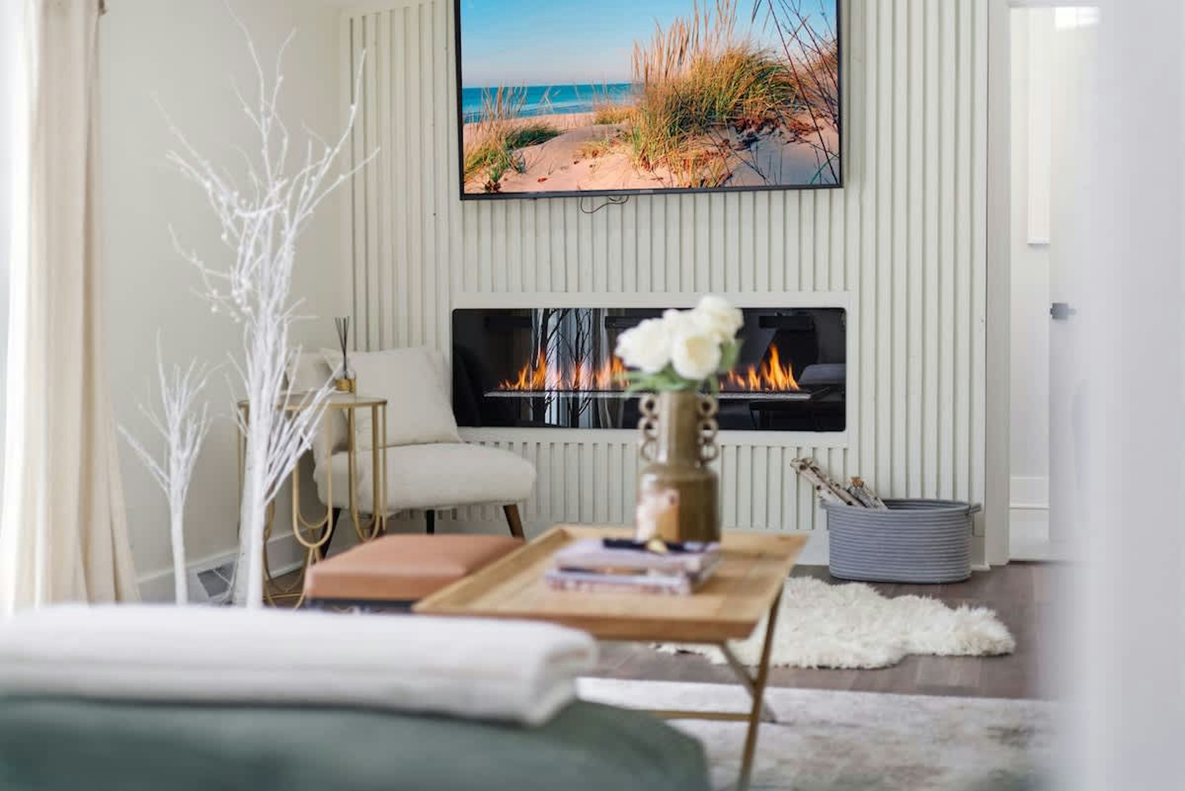 Unwind fireside and let the night unfold in this cozy, modern retreat.