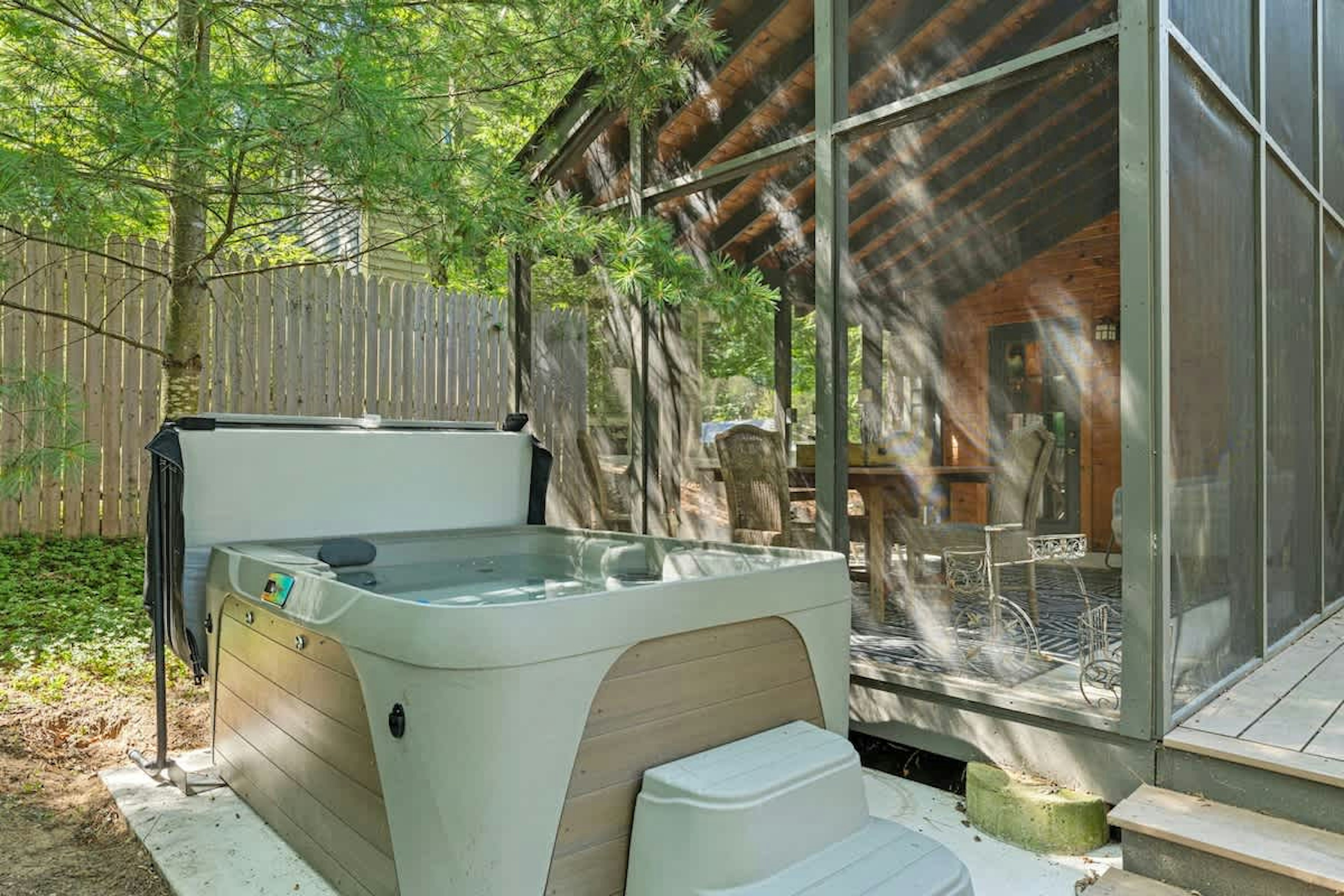 Unwind in your private forest retreat—where a soak in the hot tub is just steps away from cozy evenings on the screened porch. Nature and relaxation, perfectly blended.