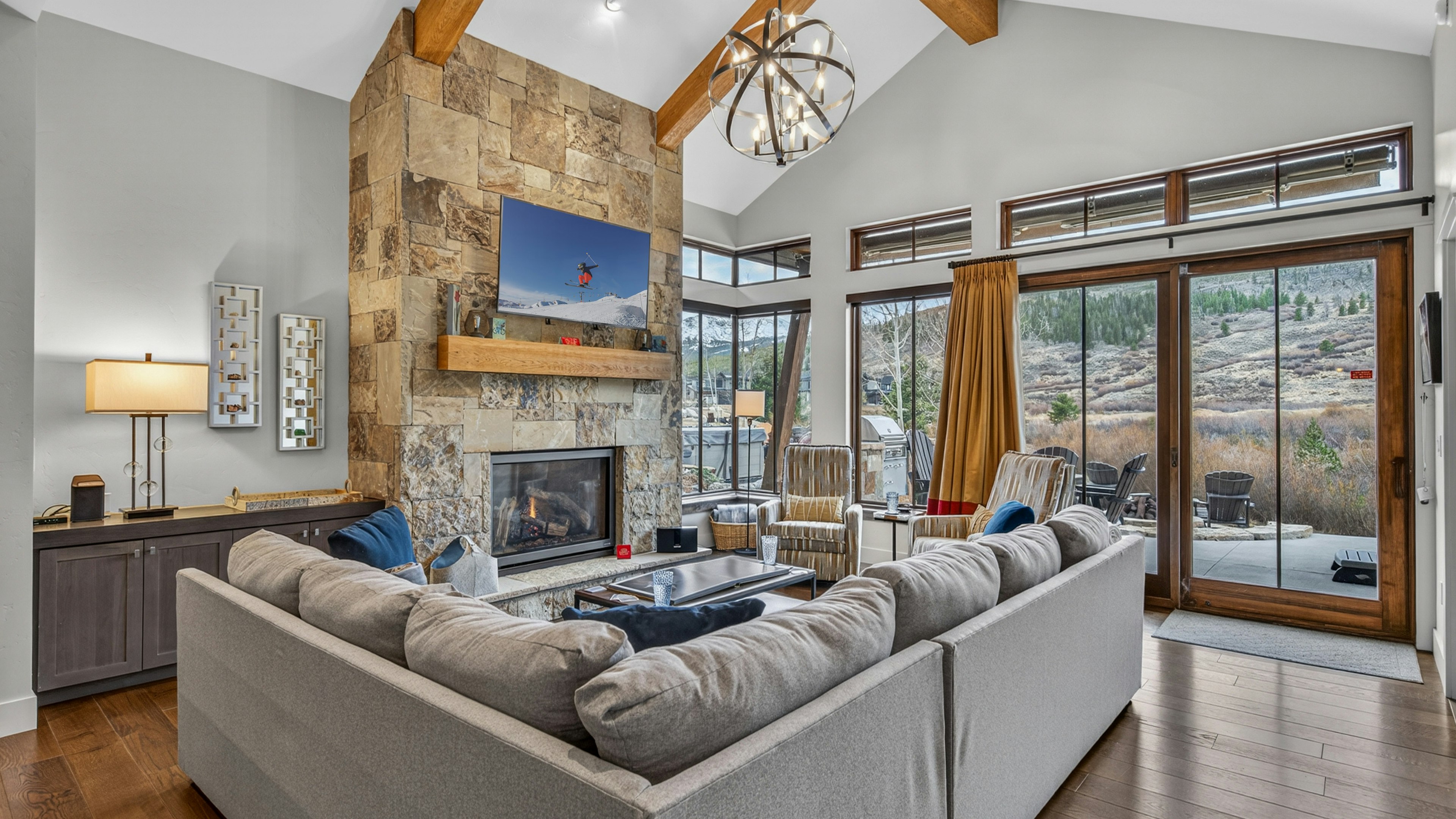 Great Room, Main Level - Seating area with fireplace and large windows with views