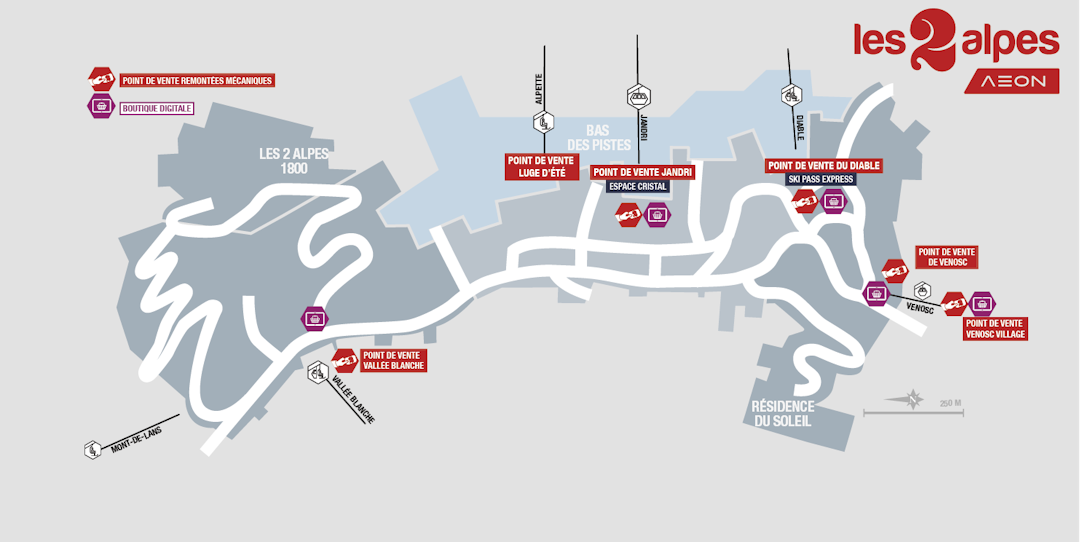 Summer sales points of Les 2 Alpes for the lifts pass for purchasing, reloading and collect of the lifts passes