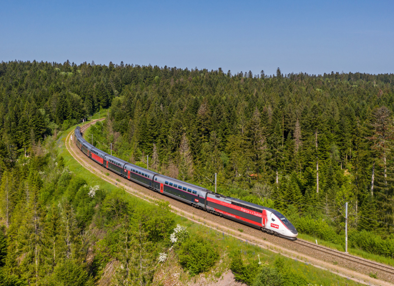 TGV Lyria high-speed train traveling through a scenic European landscape with trees in the background
