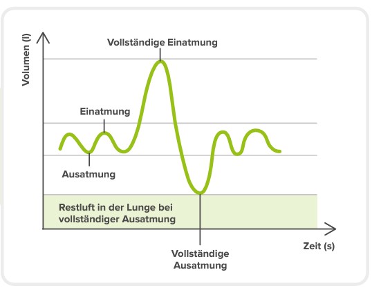 Die Grafik zeigt die Zeit auf der x-Achse und das Luftvolumen