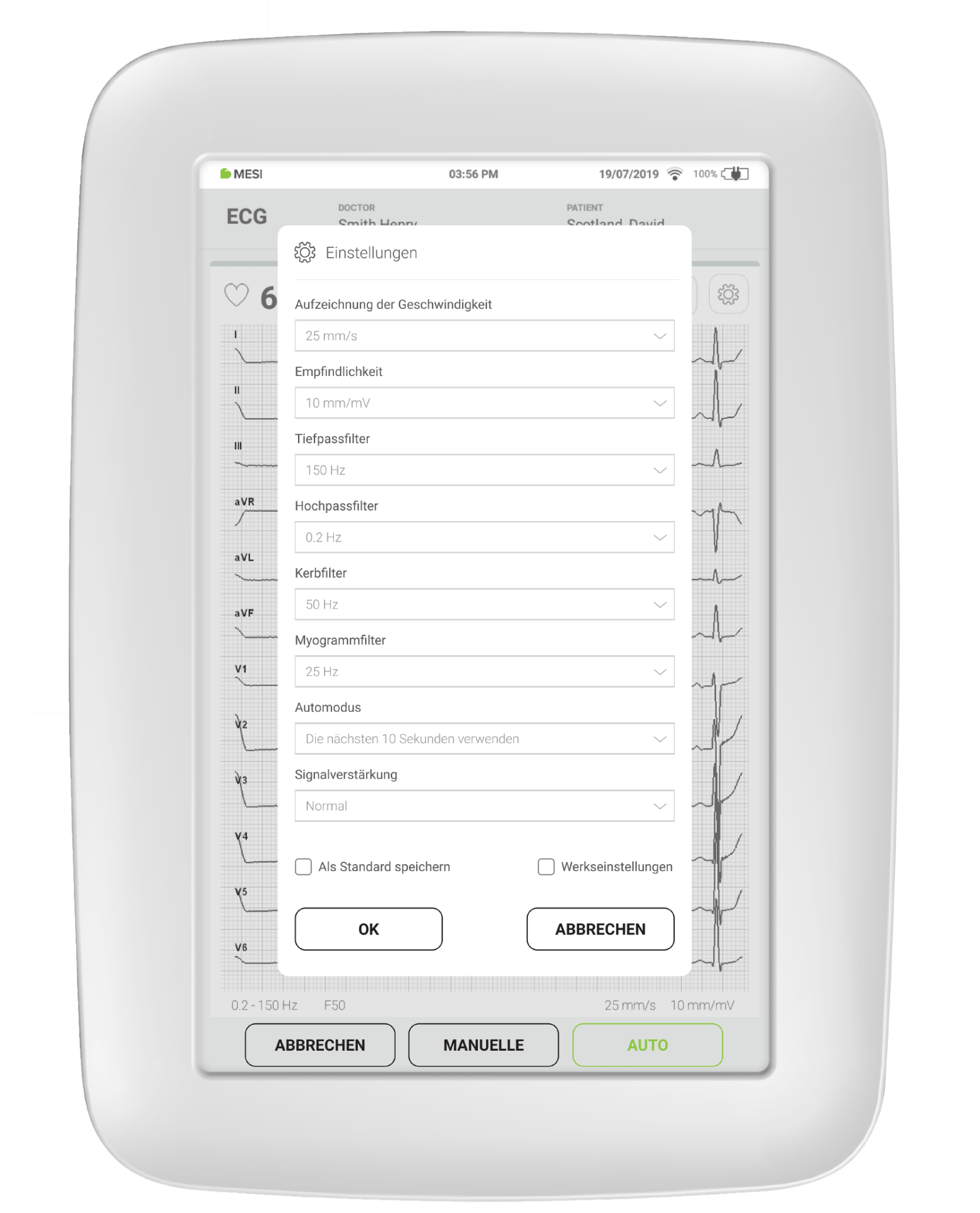Standardeinstellung der Filter