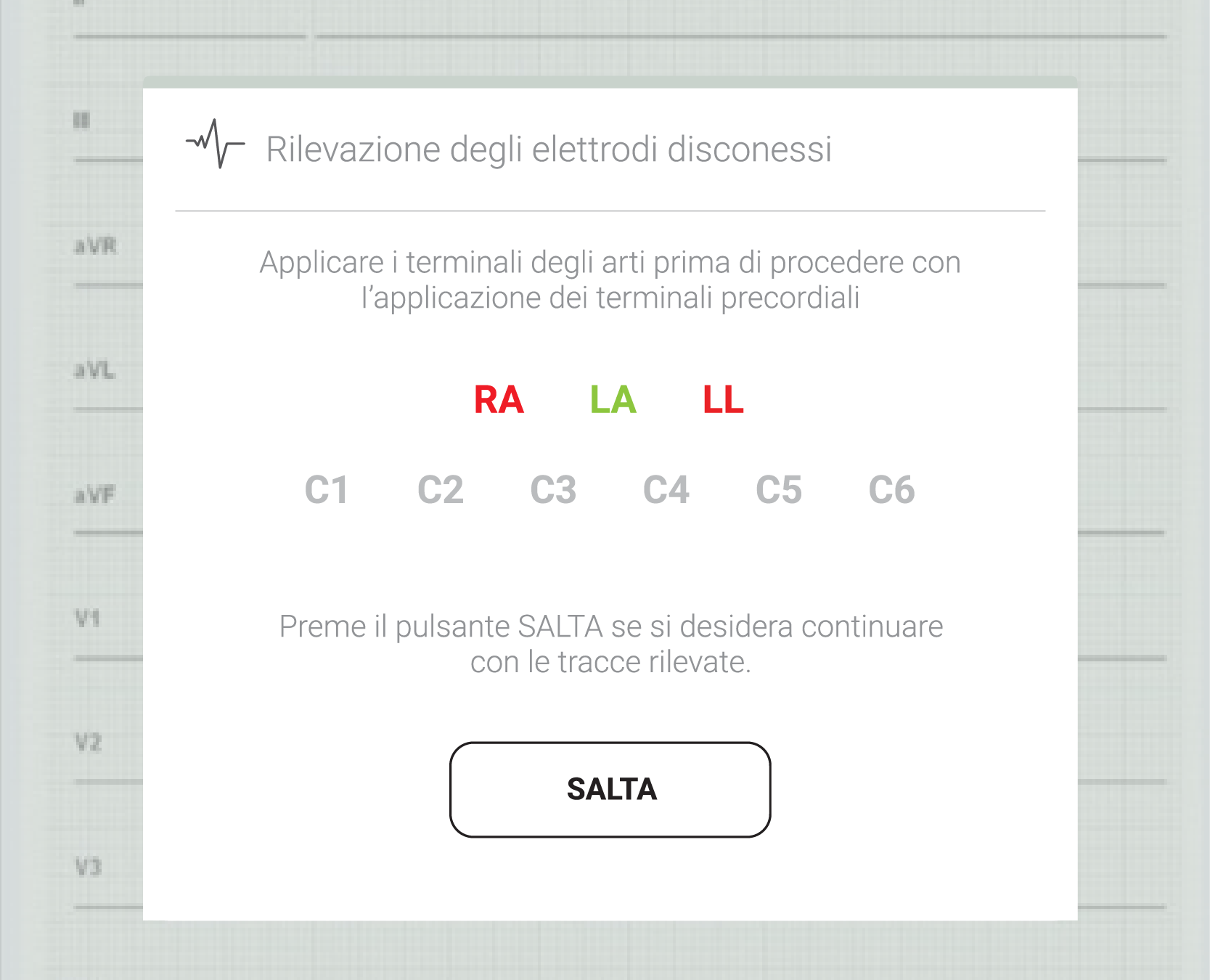 Nella schermata del MESI mTABLET ECG, le derivazioni rilevate sono segnate in rosso.