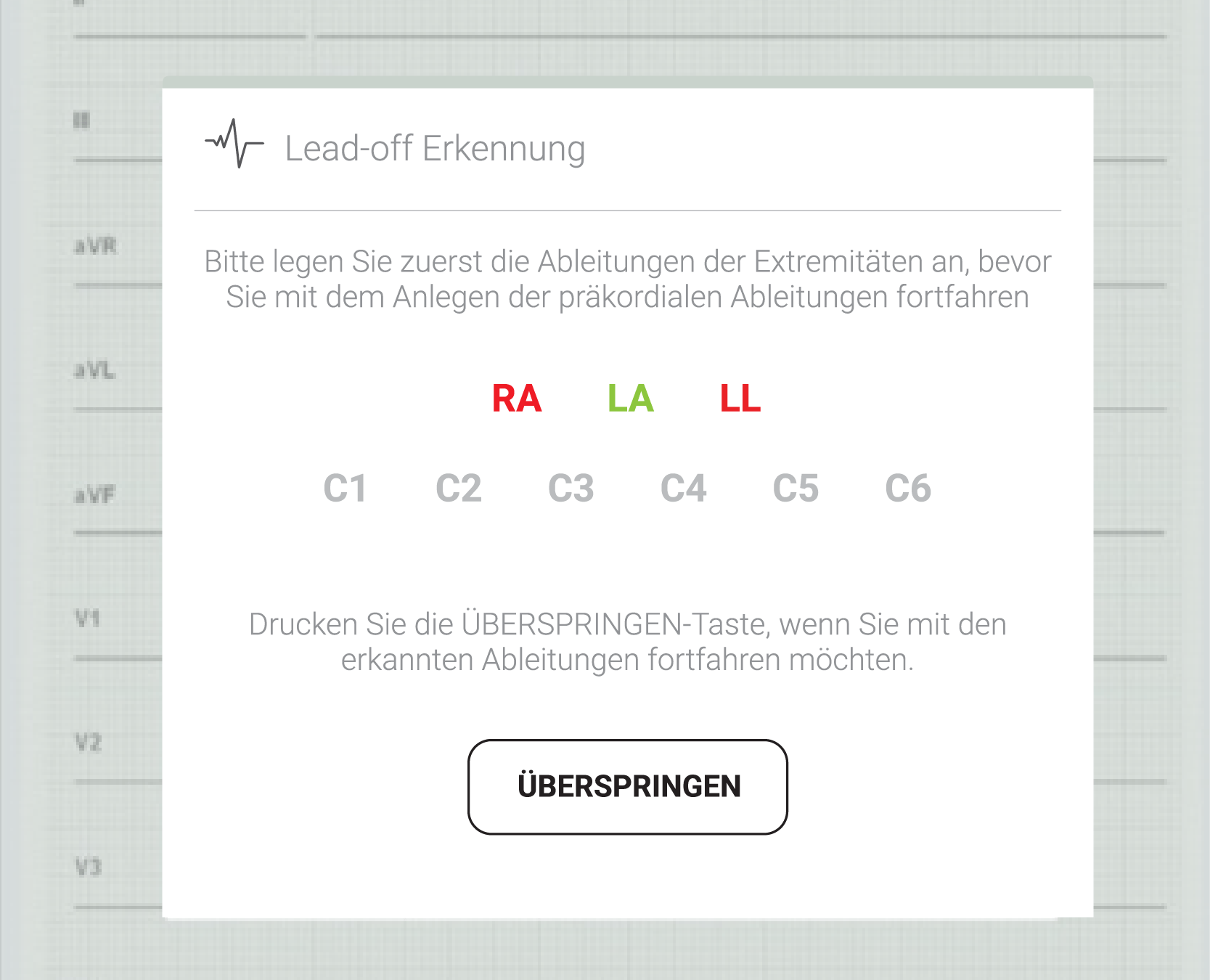 Auf dem MESI mTABLET ECG-Bildschirm ist die Ableitungserkennung rot markiert.
