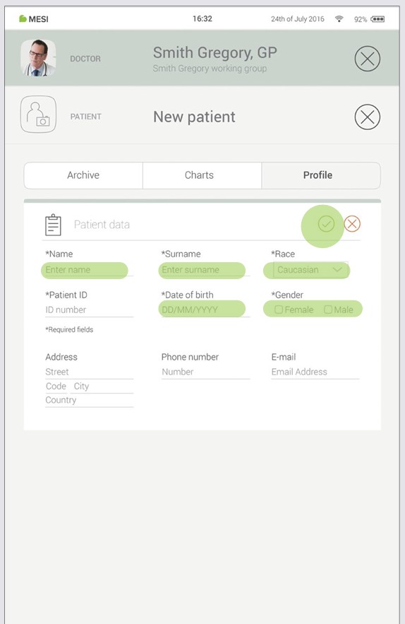 Step 1 - Fill out patient's data