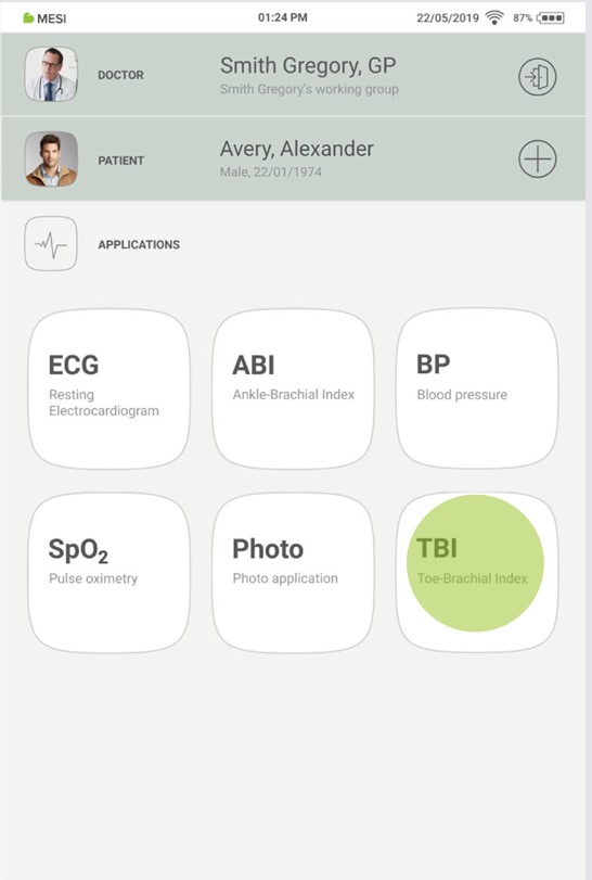 MESI mTABLET TBI - Performing TBI measurement - Step 2