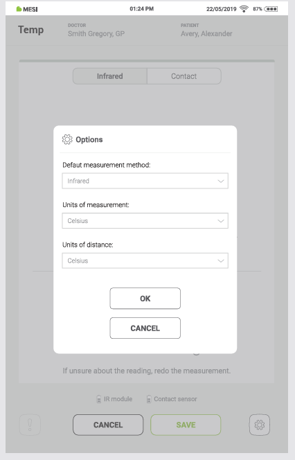 MESI mTABLET Thermo - Options menu