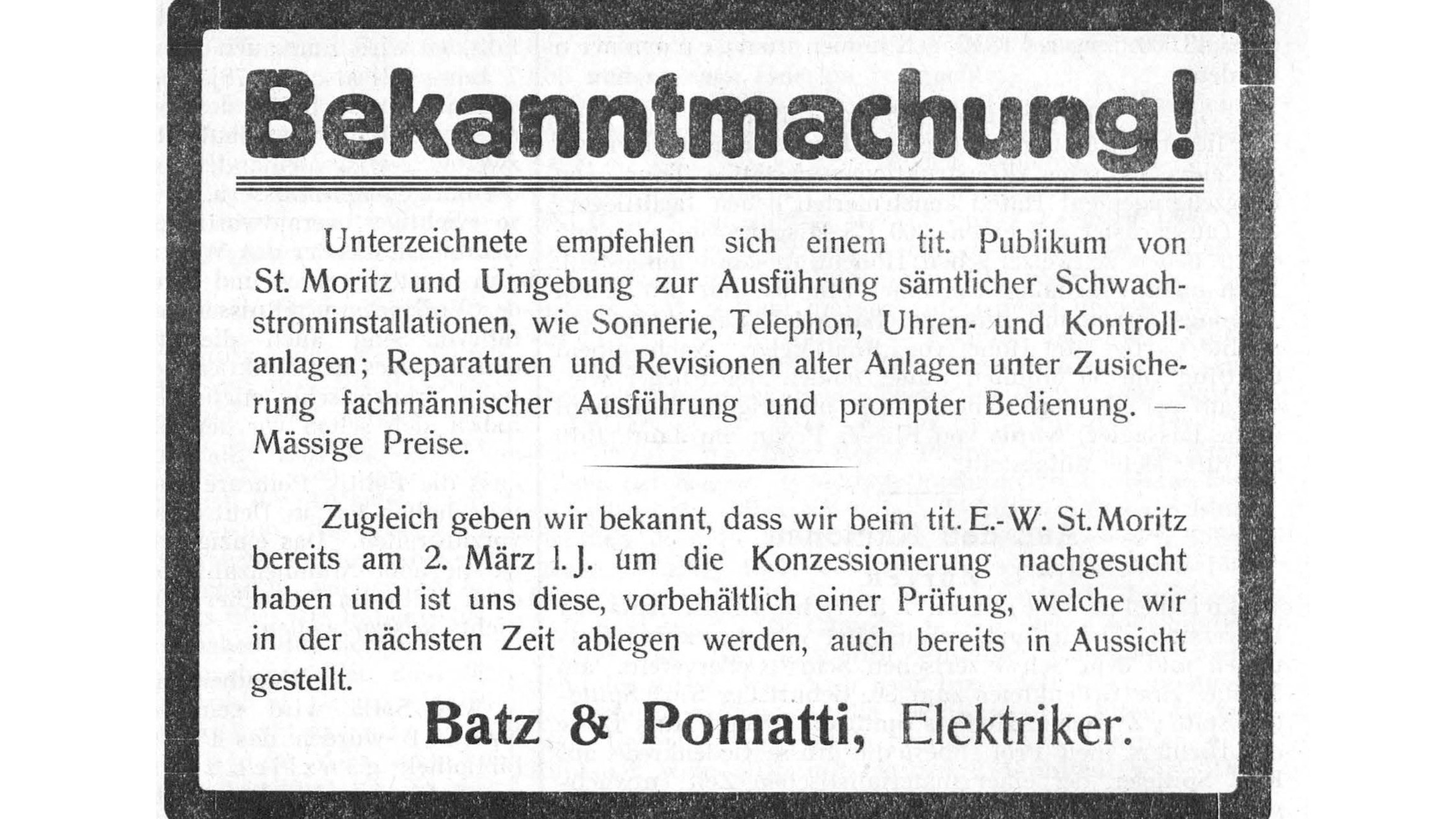 Inserat Batz und Pomatti in der Engadiner Post 1925