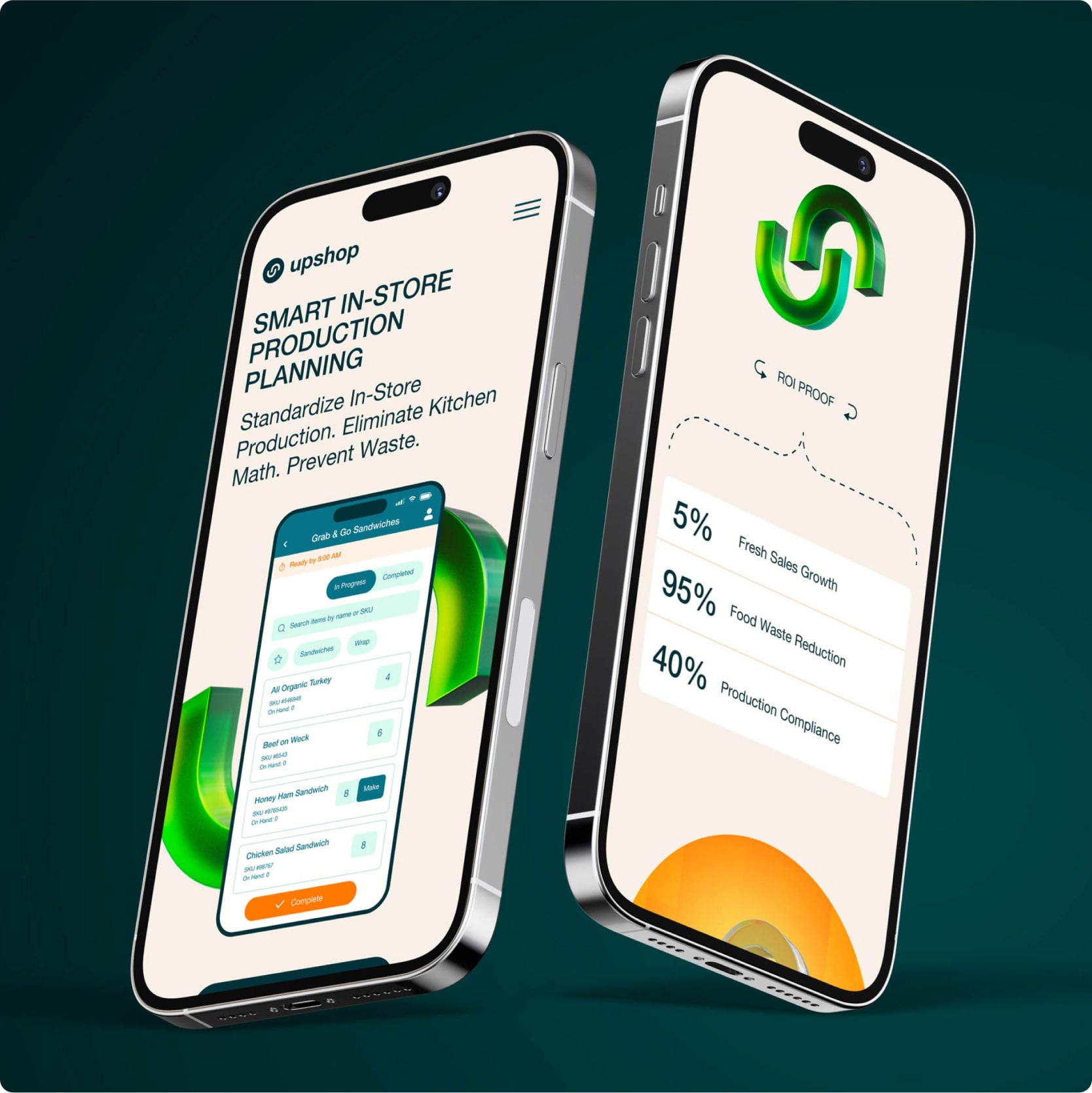 Smartphone mockups showcasing Upshop’s app interface and visual identity system.