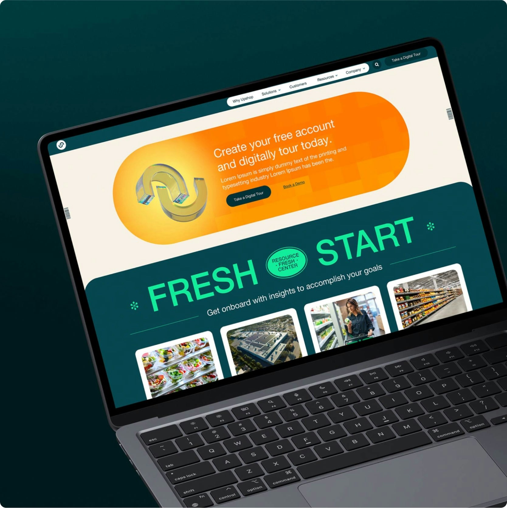 Laptop mockup featuring Upshop’s “Fresh Start” campaign landing page designed by Griflan.