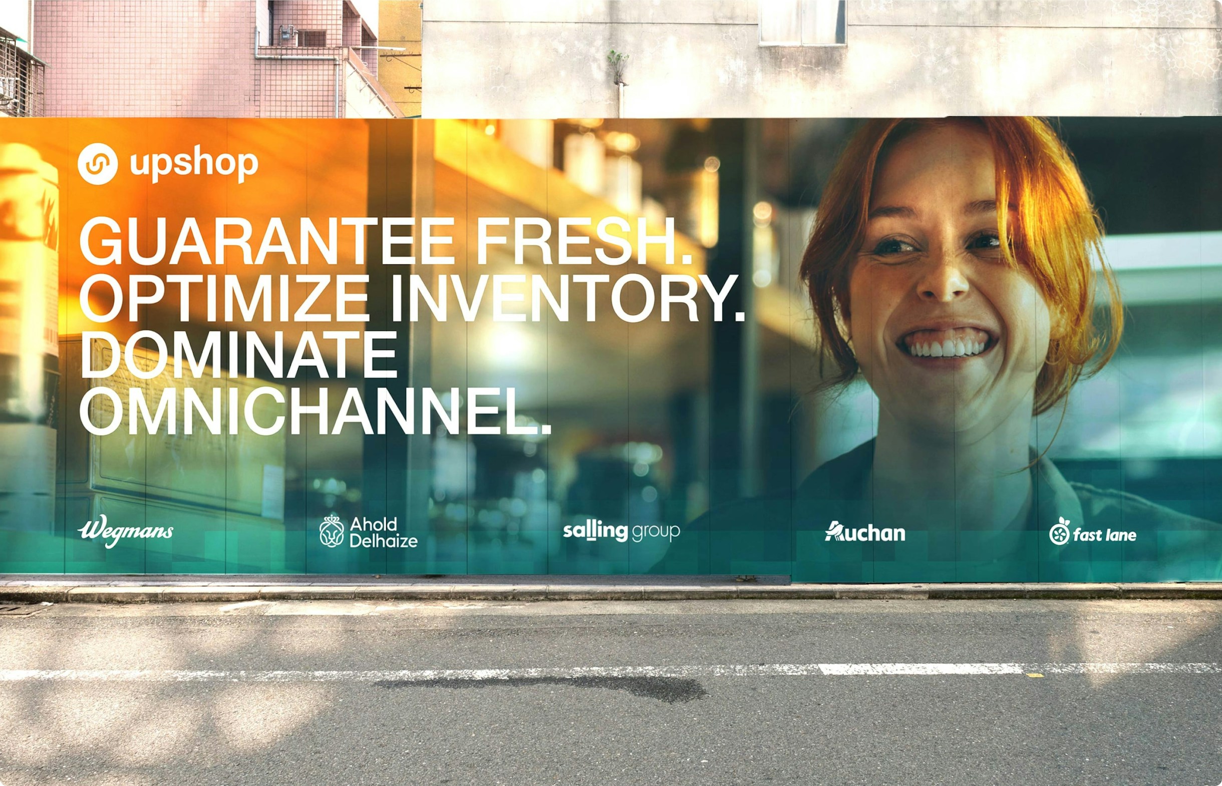 Large-scale billboard design for Upshop’s brand launch featuring refreshed messaging and photography.