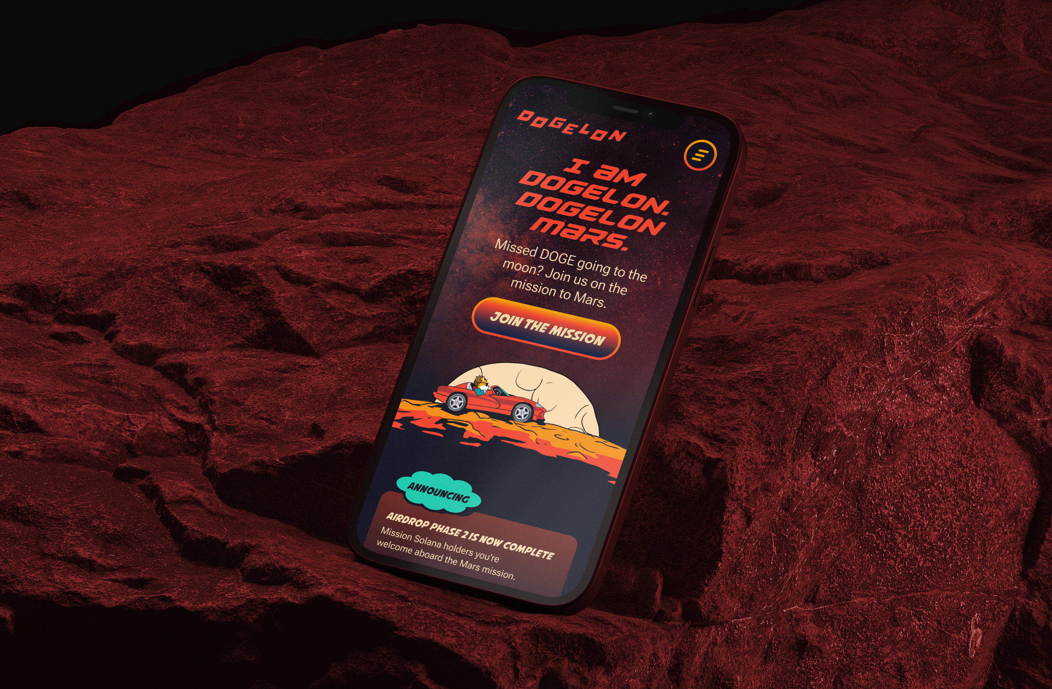 Smartphone displaying the Dogelon Mars interface over a Mars terrain background.