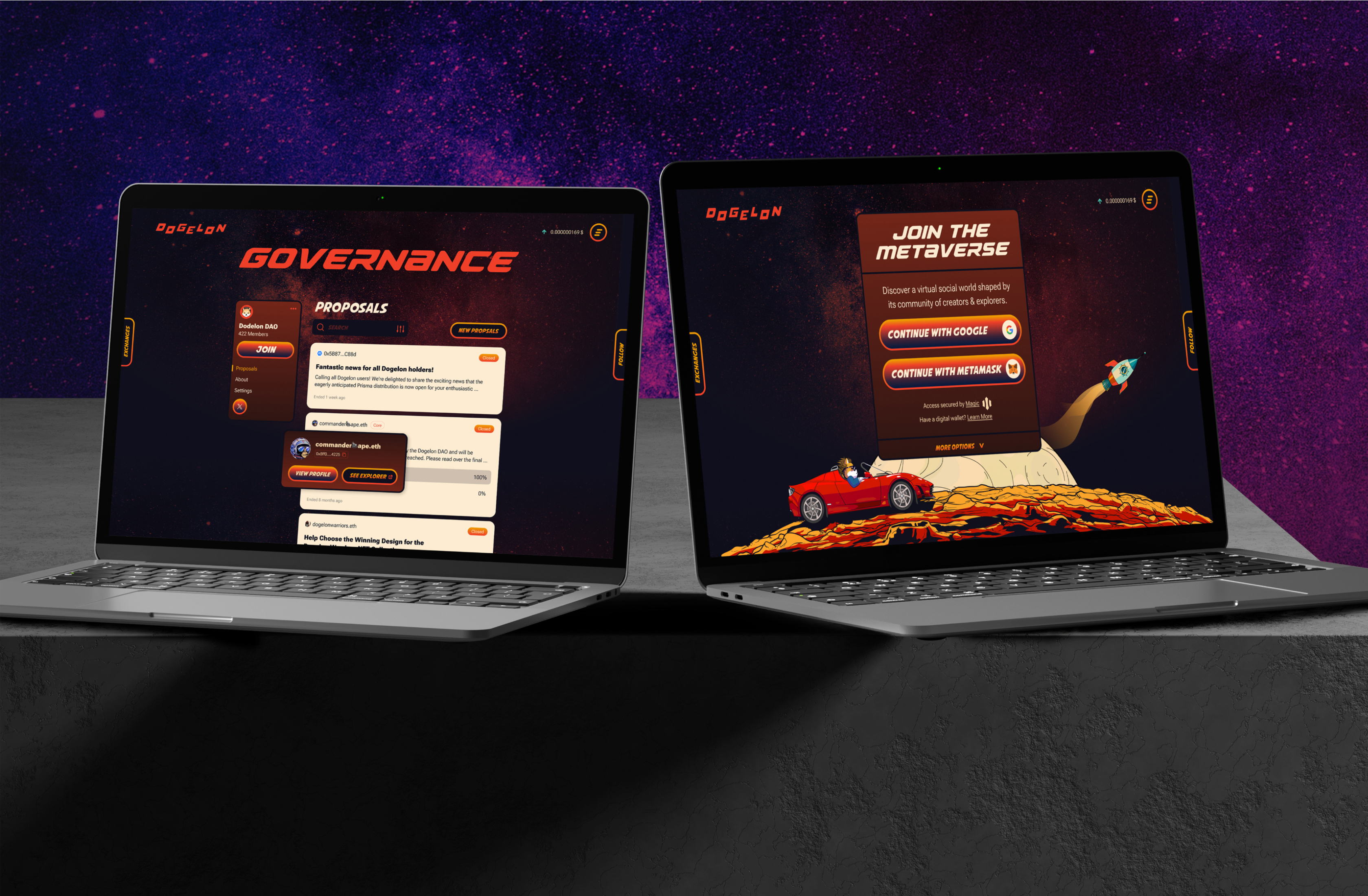 Website and motion graphics exploration for the Dogelon Mars digital experience.