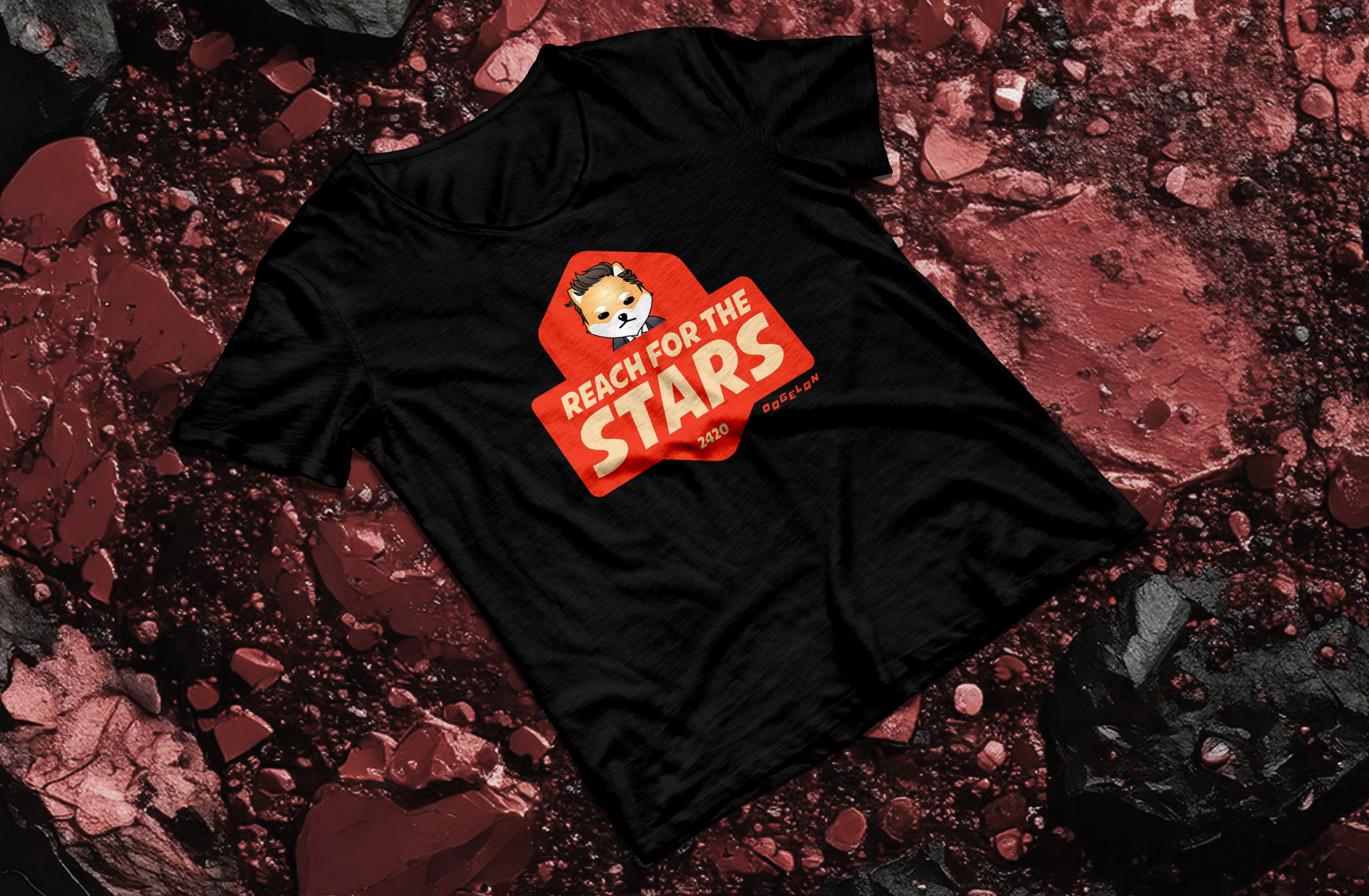Black t-shirt featuring the Dogelon Mars logo and red cosmic branding.